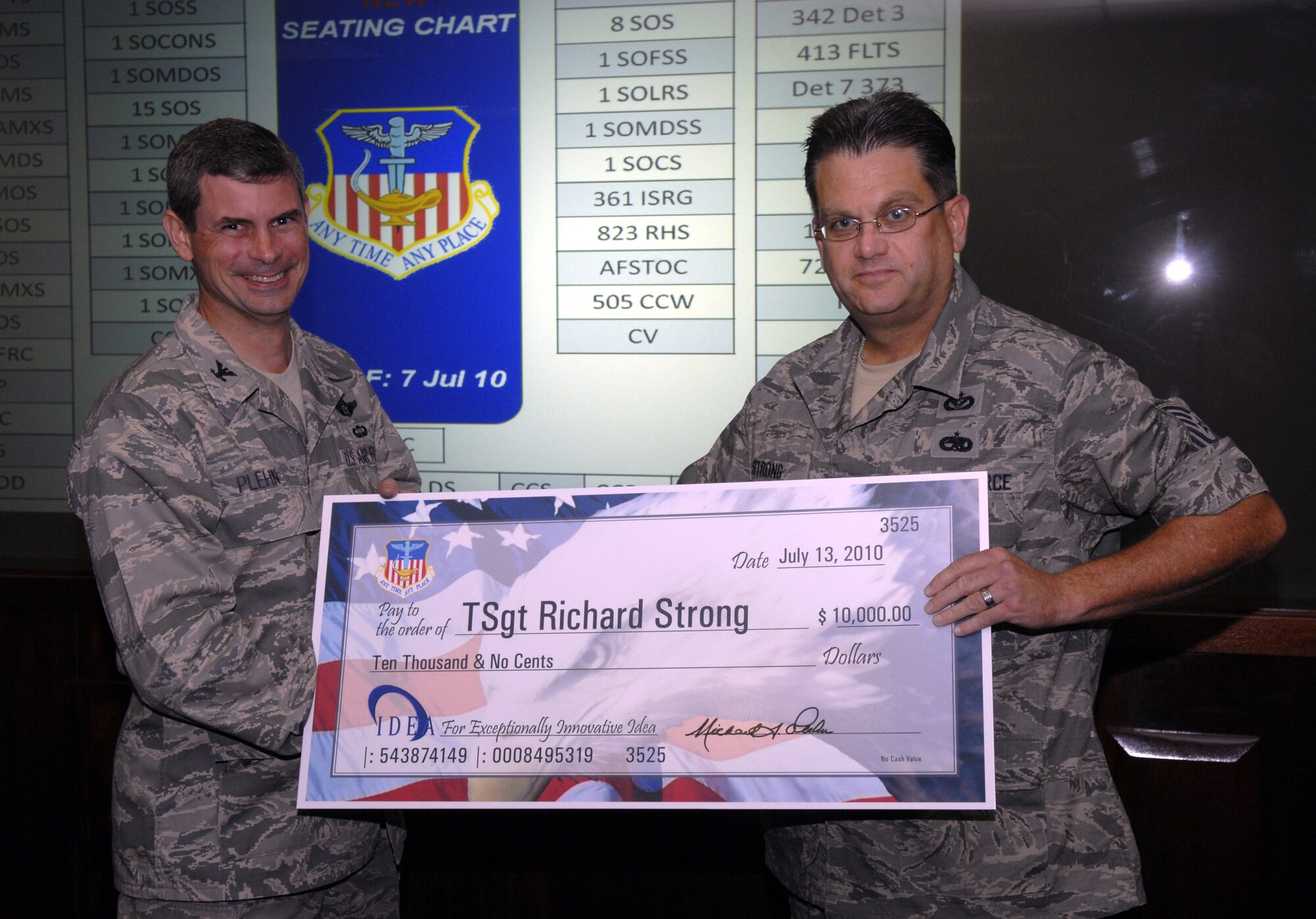 Col. Michael Plehn, 1st Special Operations Wing commander, presents a $10,000 check to Tech. Sgt. Richard Strong, 1st Special Operations Communications Squadron civil engineering program manager, at the 1st SOW Headquarters at Hurlburt Field, Fla., July 14. Sergeant Strong earned the check after submitting a cost-saving proposal to the Innovative Development through Employee Awareness Program. (DoD photo by U.S. Air Force Airman 1st Class Joe McFadden / RELEASED) 
