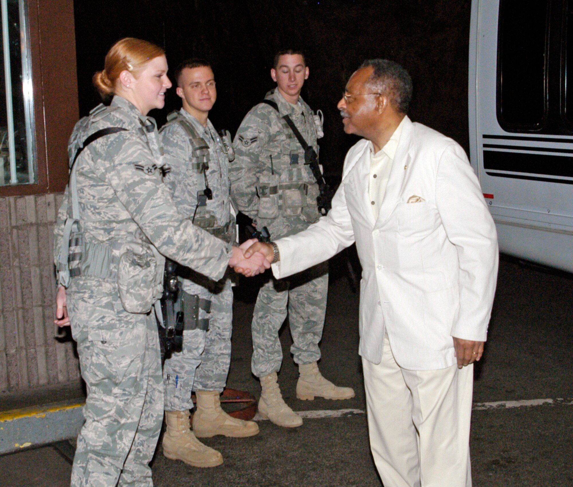 CHEYENNE MOUNTAIN AIR FORCE STATION, Colo. -- U.S. Sen. Roland Burris, D-Ill., meets Airman 1st Class Angelina Krohn, and other members of the 721st Mission Support Group during his visit July 8. Senator Burris is a member of the Armed Services and Homeland Security and Government Affairs committees. At the mountain, he visited the North American Aerospace Defense Command and U.S. Northern Command Alternate Command Center, the Missile Warning Center and talked with members of the 721st MSG about how they keep the air station running. (U.S. Navy photo/Petty Officer 1st Class John Mason)
