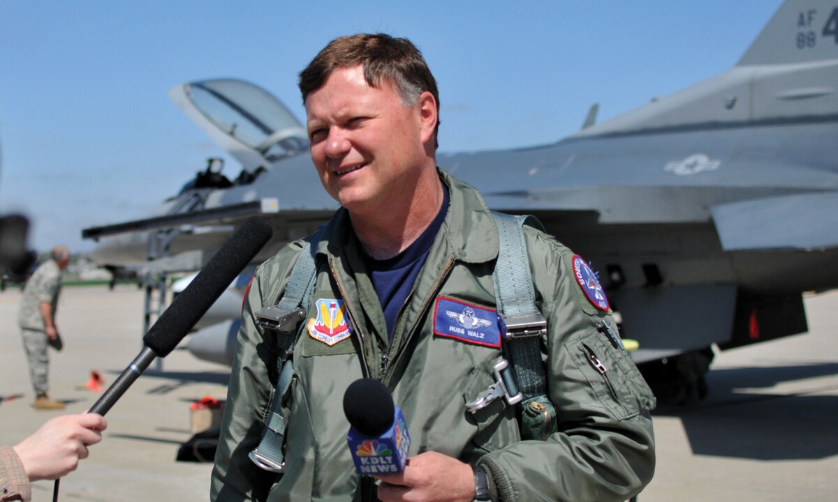 SIOUX FALLS, S.D. - Col. Russ Walz answers questions for the press after landing one of the two new Block 40 F-16s which arrived at Joe Foss Field on April 27. (Air Force photo by Capt. Michael V. Frye - released)