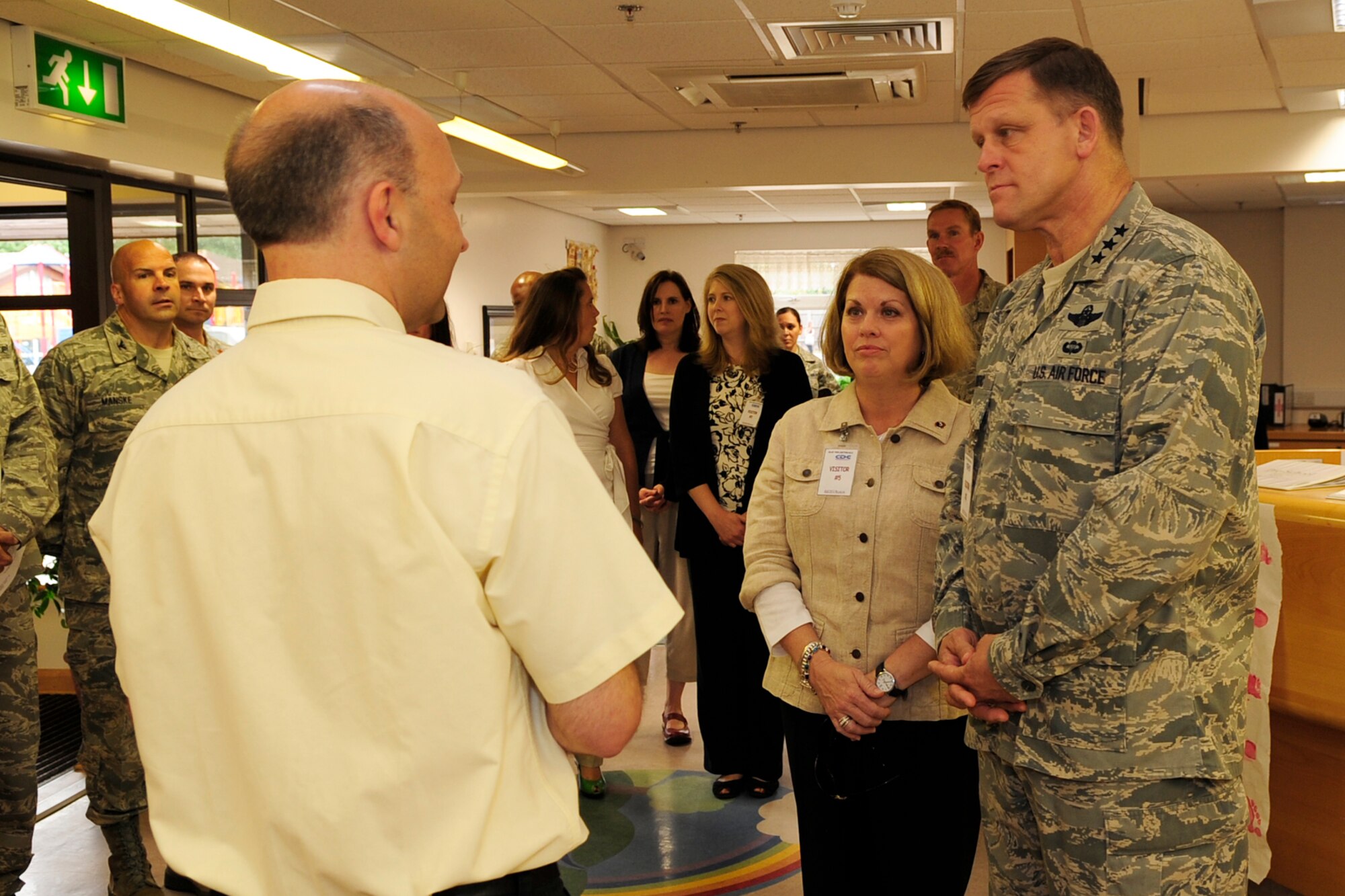RAF MILDENHALL, England – Lt. Gen. Frank Gorenc, 3rd Air Force commander, and wife Sharon visit the Child Development Center during a tour of RAF Mildenhall July 14.  The commander’s day started out early at a breakfast with the Airmen, after which he proceeded to visit several of the base’s key facilities.  (U.S. Air Force photo/Staff Sgt. Christopher L. Ingersoll)