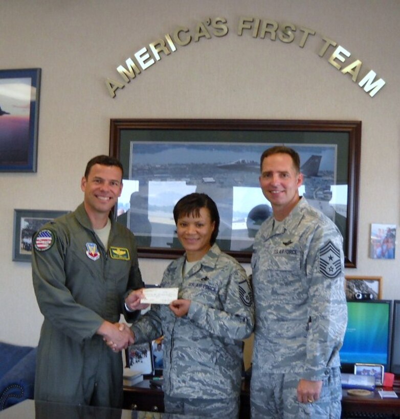 LANGLEY AIR FORCE BASE, Va. -- Col. Matt Molloy, 1st Fighter Wing commander (left), and Chief Master Sgt. Kevin Jurgella, 1 FW command chief, present a check for $250 to Master Sgt. Tashawna Wyse, Senior Noncomissioned Officer induction ceremony committe chairperson, at 1 FW headquarters July 7. The donation will help finance the ceremony, which will be held July 16 at 6 p.m. at the Bayside Enlisted
Club. (Photo courtesy/Tech. Sgt. Lisette Spencer)