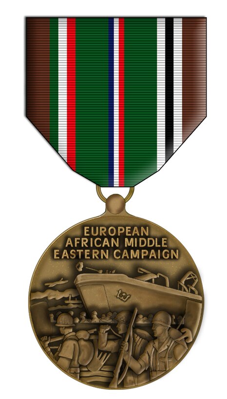 Euro-African-Middle Eastern Campaign Medal.  Illustrated by Virginia Reyes of the Defense Media Activity-San Antonio.  This medal is awarded for service in the European-African-Middle Eastern Theater between 7 Dec 41 and 8 Nov 45, under the same conditions described under those for the Asiatic-Pacific Campaign Medal. The same also applies in awarding the Bronze Service Star and Arrowhead device.