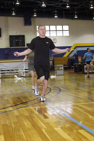 Robert Griffin, a first time participant, jumps rope during the newly incorporated 30-minute jumprope class at IronWorks Gym hereJuly 14. The new class, Foot Fire, is offered every Wednesday from 11:45 a.m to 12:15 p.m.