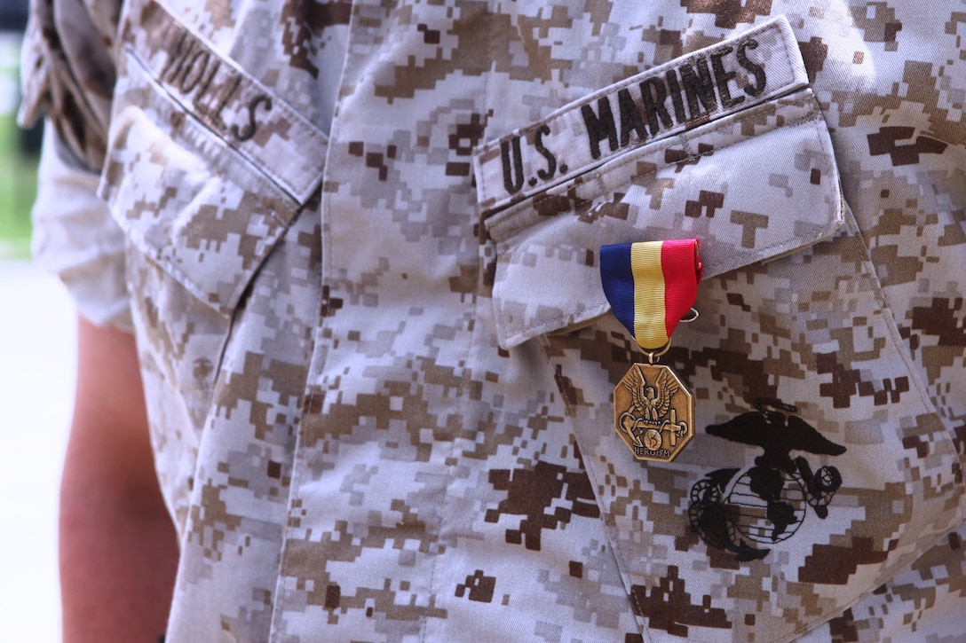Sgt. William Holls, a combat instructor with Mobile Training Company, Advanced Infantry Training Battalion, School of Infantry – East, is presented the Navy and Marine Corps Medal during a ceremony held aboard Camp Geiger, July 15, for saving a Marine’s life while conducting training in the grenade pit in September 2009. Holls was the pit noncommissioned officer in charge for Range K510, Pit 2, when a Marine in his pit dropped with a live grenade.
