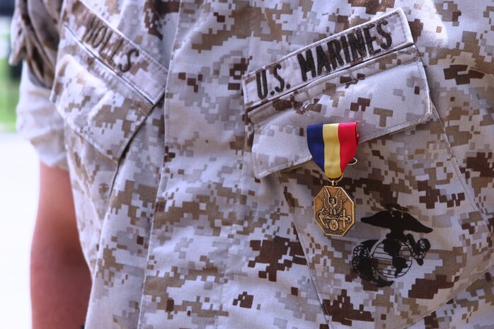 Sgt. William Holls, a combat instructor with Mobile Training Company, Advanced Infantry Training Battalion, School of Infantry – East, is presented the Navy and Marine Corps Medal during a ceremony held aboard Camp Geiger, July 15, for saving a Marine’s life while conducting training in the grenade pit in September 2009. Holls was the pit noncommissioned officer in charge for Range K510, Pit 2, when a Marine in his pit dropped with a live grenade.