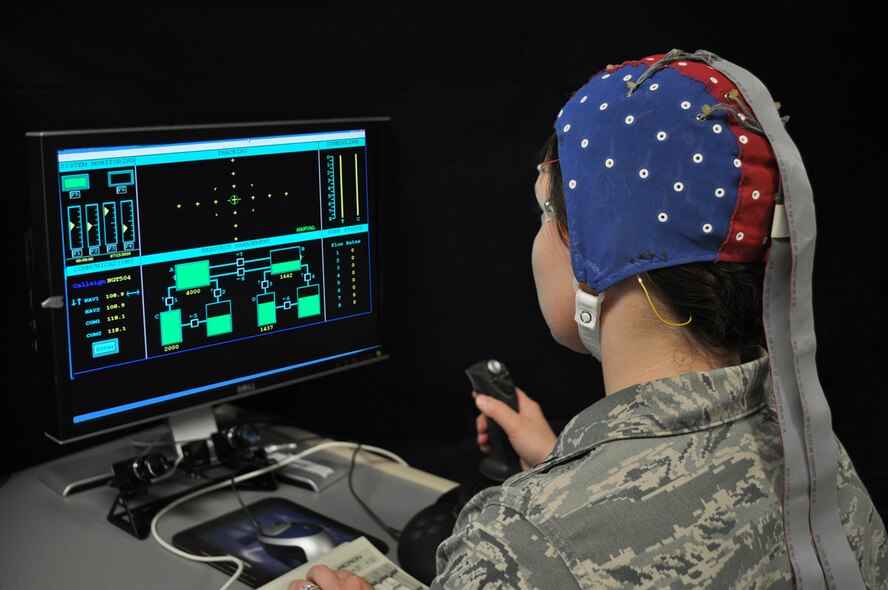 An Airman demonstrates augmentation of human performance through brainwave technology. (Courtesy photo)