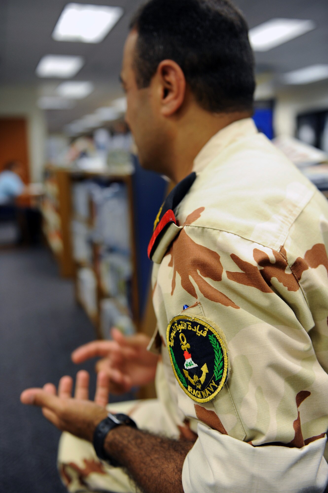 Iraqi navy Captain Mahmammed discusses how important it is to learn the English language recently at the Defense Language Institute at Lackland Air Force Base, Texas.  The captain is on his way to the Naval War College in Rhode Island. (U.S. Air Force photo/Staff Sgt. Desiree N. Palacios) 