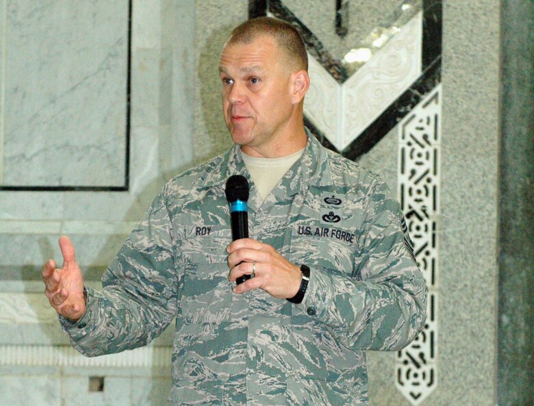 Chief Master Sgt. of the Air Force James A. Roy speaks to Airmen June 29, 2010, at the Victory Base Complex, Baghdad. During the meeting, the chief shared his top priorities and received feedback from Airmen. This visit also marked the chief's one-year anniversary as the top enlisted Air Force leader. (U.S. Air Force photo/Master Sgt. Louis Conzo)