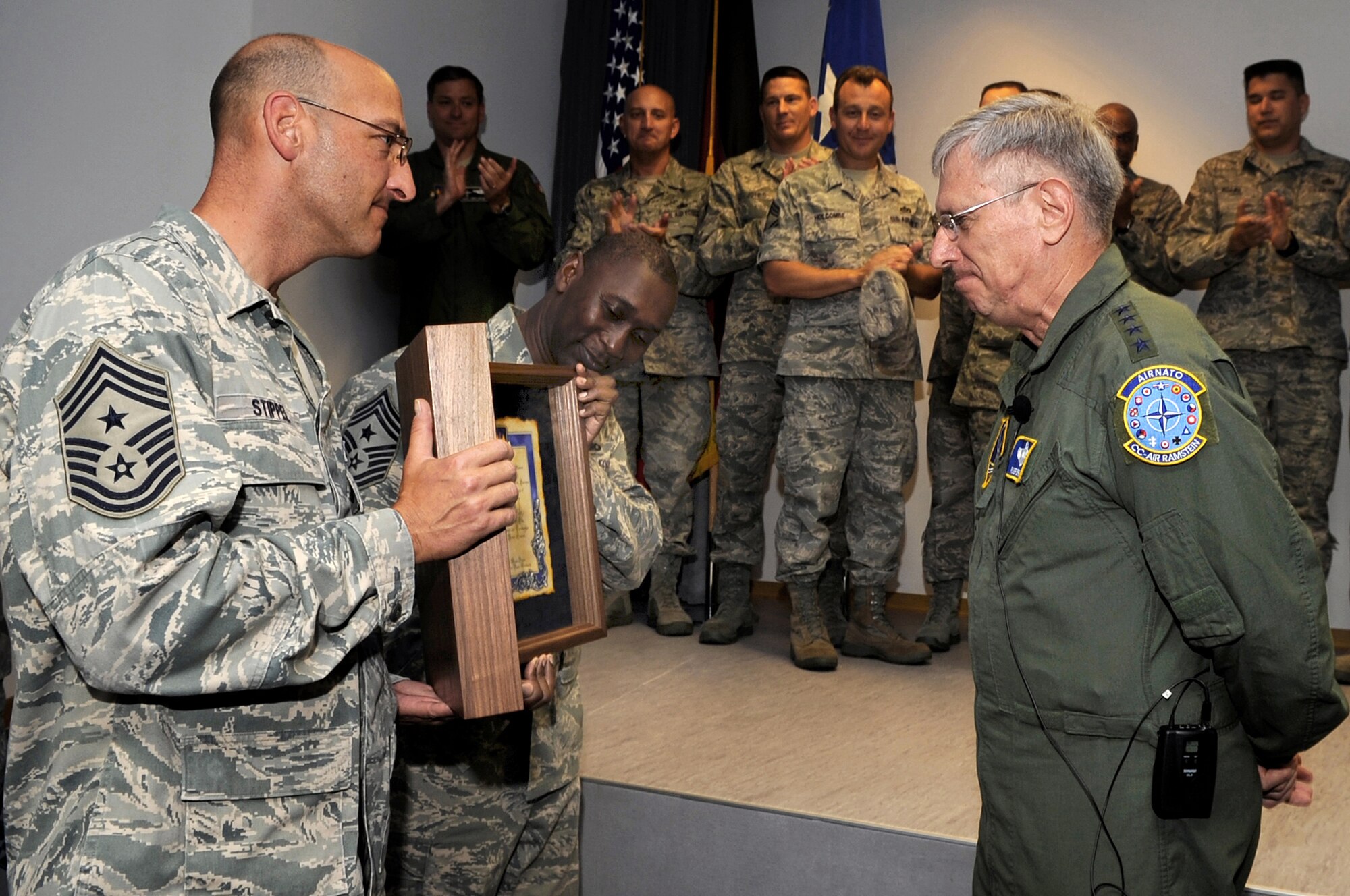 Gen. Roger A. Brady reads his official Order of the Sword invitation July 14, 2010 at the Kisling NCO Academy on Kapaun Air Station, Germany. General Brady is the U.S. Air Forces in Europe commander. (U.S. Air Force photo/Airman 1st Class Grovert Fuentes-Contreras) 