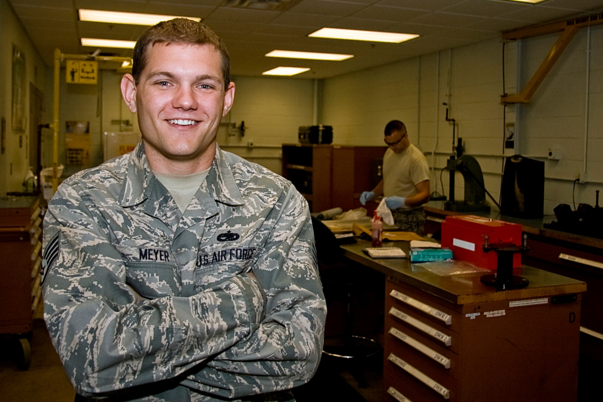 GRISSOM AIR RESERVE BASE, Ind. -- Staff Sgt. Joseph Meyer, a 434th Maintenance Squadron pneudraulic systems mechanic, was recently awarded an Air Force command civilian award for valor. The award was given to Sergeant Meyer for his efforts in helping to save a man from bleeding to death after watching two tractor-trailers hit each other on his way to work. He credits his training in self-aid and buddy care from the Air Force for helping him save the man's life. (U.S. Air Force photo/Tech. Sgt. Mark R. W. Orders-Woempner)