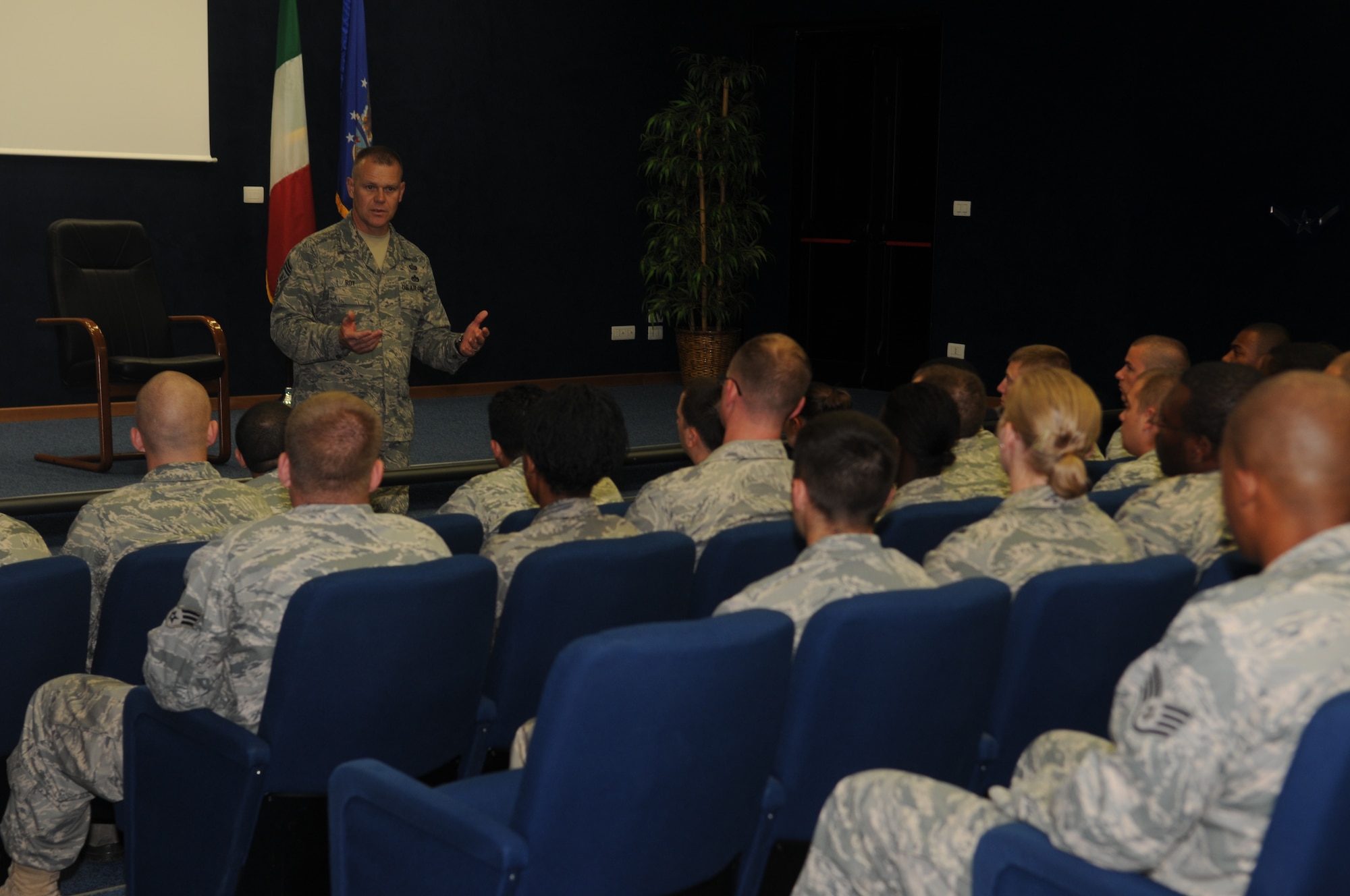 Chief Master Sgt. of the Air Force James Roy answers questions from Aviano’s Airman Leadership School students July 9. During his visit, Chief Roy laid out his priorities and mission as the highest enlisted Airman in the service. (U.S. Air Force photo/Staff Sgt. Nadine Barclay)