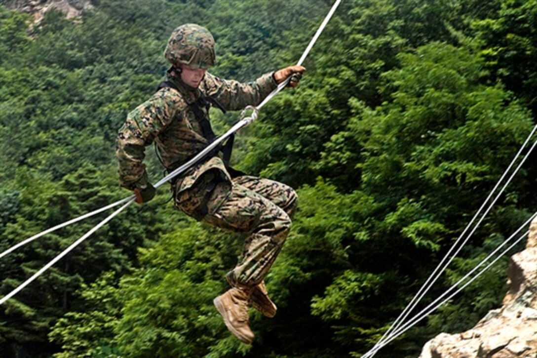 U.S. Marine Corps 1st Lt. Sean Williams rappels down a 30-meter rock face while participating in the South Korea Marine Corps Basic Rangers Course in Pohang, South Korea, July 6, 2010. Williams, an amphibious assault vehicle platoon commander, is assigned to the 3rd Marine Division. More than 50 U.S. Marines participated in the course.