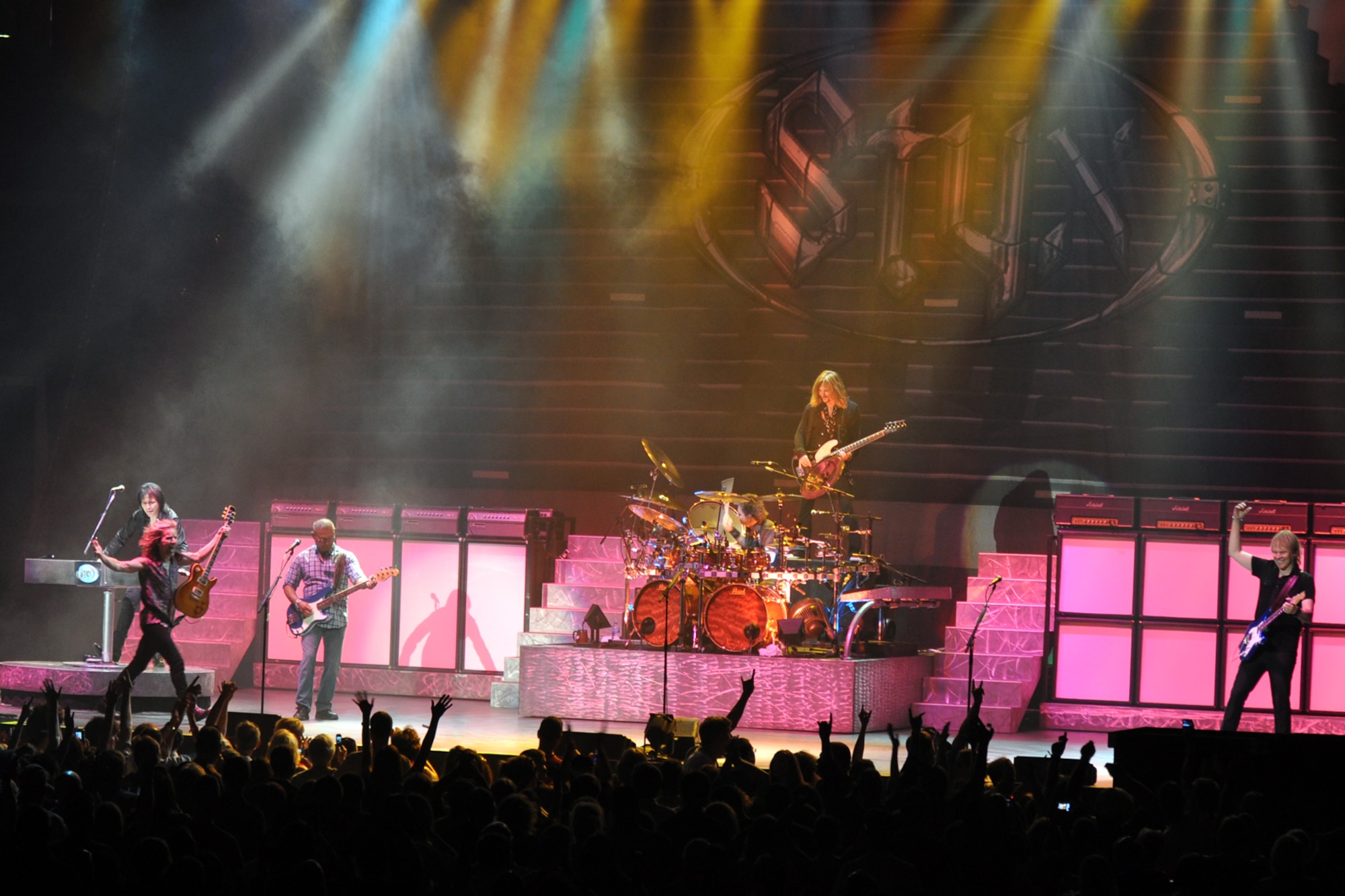 Members of the legendary rock band, Styx, perform an encore for the appreciative crowd at a concert at the CenturyTel Arena, Bossier City, La., July 4, 2010. To celebrate Independence Day and honor the men and women serving our nation at home and overseas, the Air Force Reserve Command sponsored a free concert for any member of the Armed Forces and their immediate families. Best known for their chart topping power ballads such as "Renegade," "Blue Collar Man," and "Too Much Time on My Hands," Styx has performed to sold out audiences around the world. Former U.S. Air Force Sergeant Billy Bretherton, star of the hit television show “Billy the Exterminator,” emceed the event. (U.S. Air Force photo/Tech. Sgt. Jeff Walston)