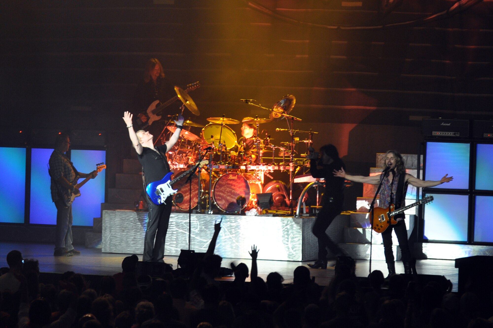 Members of the legendary rock band, Styx, perform an encore for the appreciative crowd at a concert at the CenturyTel Arena, Bossier City, La., July 4, 2010. To celebrate Independence Day and honor the men and women serving our nation at home and overseas, the Air Force Reserve Command sponsored a free concert for any member of the Armed Forces and their immediate families. Best known for their chart topping power ballads such as "Renegade," "Blue Collar Man," and "Too Much Time on My Hands," Styx has performed to sold out audiences around the world. Former U.S. Air Force Sergeant Billy Bretherton, star of the hit television show “Billy the Exterminator,” emceed the event. (U.S. Air Force photo/Tech. Sgt. Jeff Walston)
