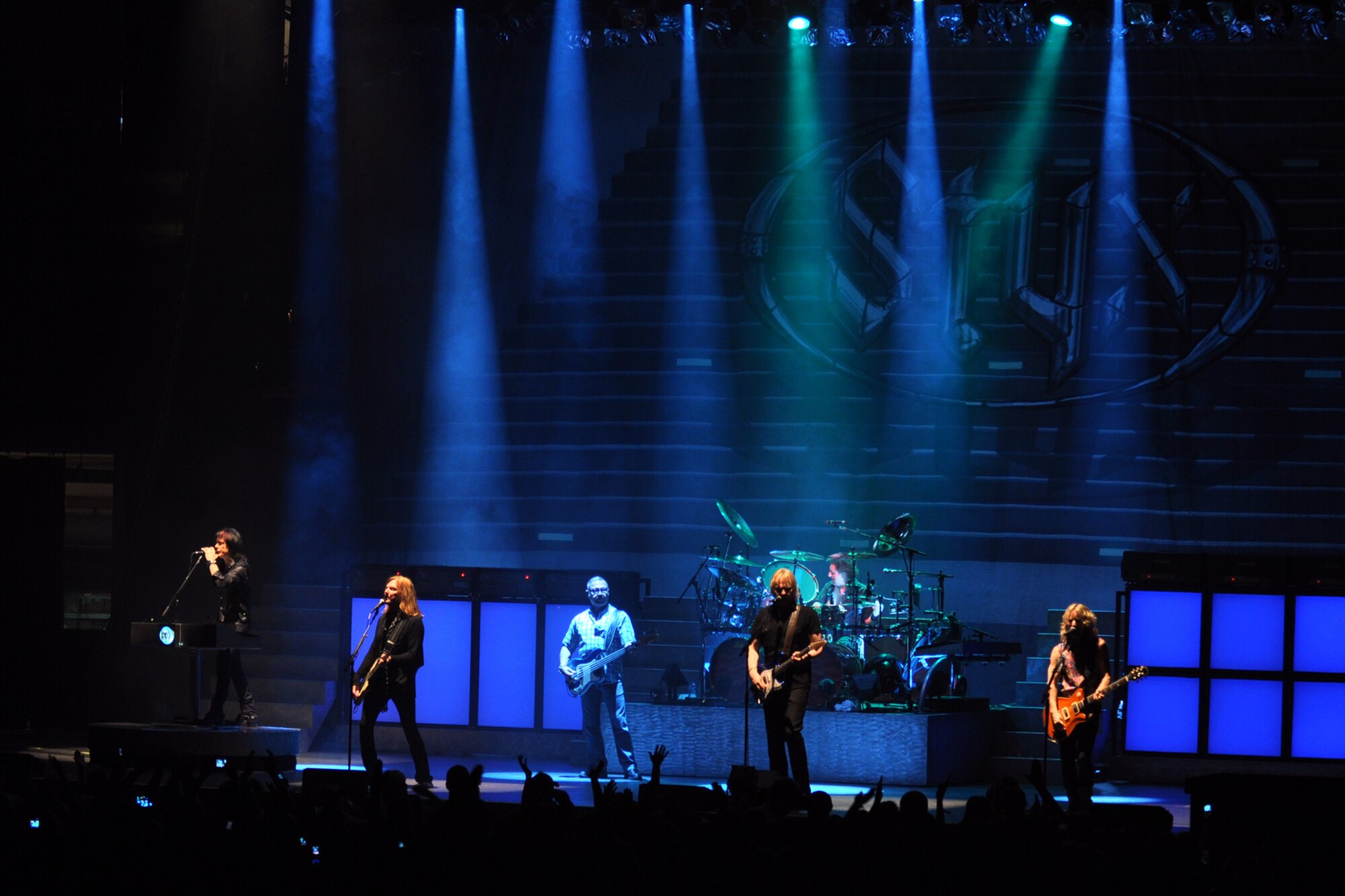 Members of the legendary rock band, Styx, perform an encore for the appreciative crowd at a concert at the CenturyTel Arena, Bossier City, La., July 4, 2010. To celebrate Independence Day and honor the men and women serving our nation at home and overseas, the Air Force Reserve Command sponsored a free concert for any member of the Armed Forces and their immediate families. Best known for their chart topping power ballads such as "Renegade," "Blue Collar Man," and "Too Much Time on My Hands," Styx has performed to sold out audiences around the world. Former U.S. Air Force Sergeant Billy Bretherton, star of the hit television show “Billy the Exterminator,” emceed the event. (U.S. Air Force photo/Tech. Sgt. Jeff Walston)