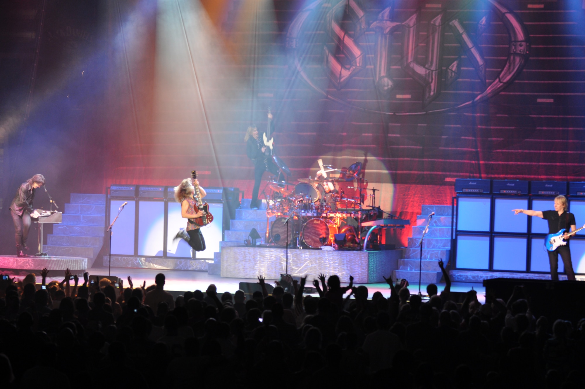 Members of the legendary rock band, Styx, perform an encore for the appreciative crowd at a concert at the CenturyTel Arena, Bossier City, La., July 4, 2010. To celebrate Independence Day and honor the men and women serving our nation at home and overseas, the Air Force Reserve Command sponsored a free concert for any member of the Armed Forces and their immediate families. Best known for their chart topping power ballads such as "Renegade," "Blue Collar Man," and "Too Much Time on My Hands," Styx has performed to sold out audiences around the world. Former U.S. Air Force Sergeant Billy Bretherton, star of the hit television show “Billy the Exterminator,” emceed the event. (U.S. Air Force photo/Tech. Sgt. Jeff Walston)