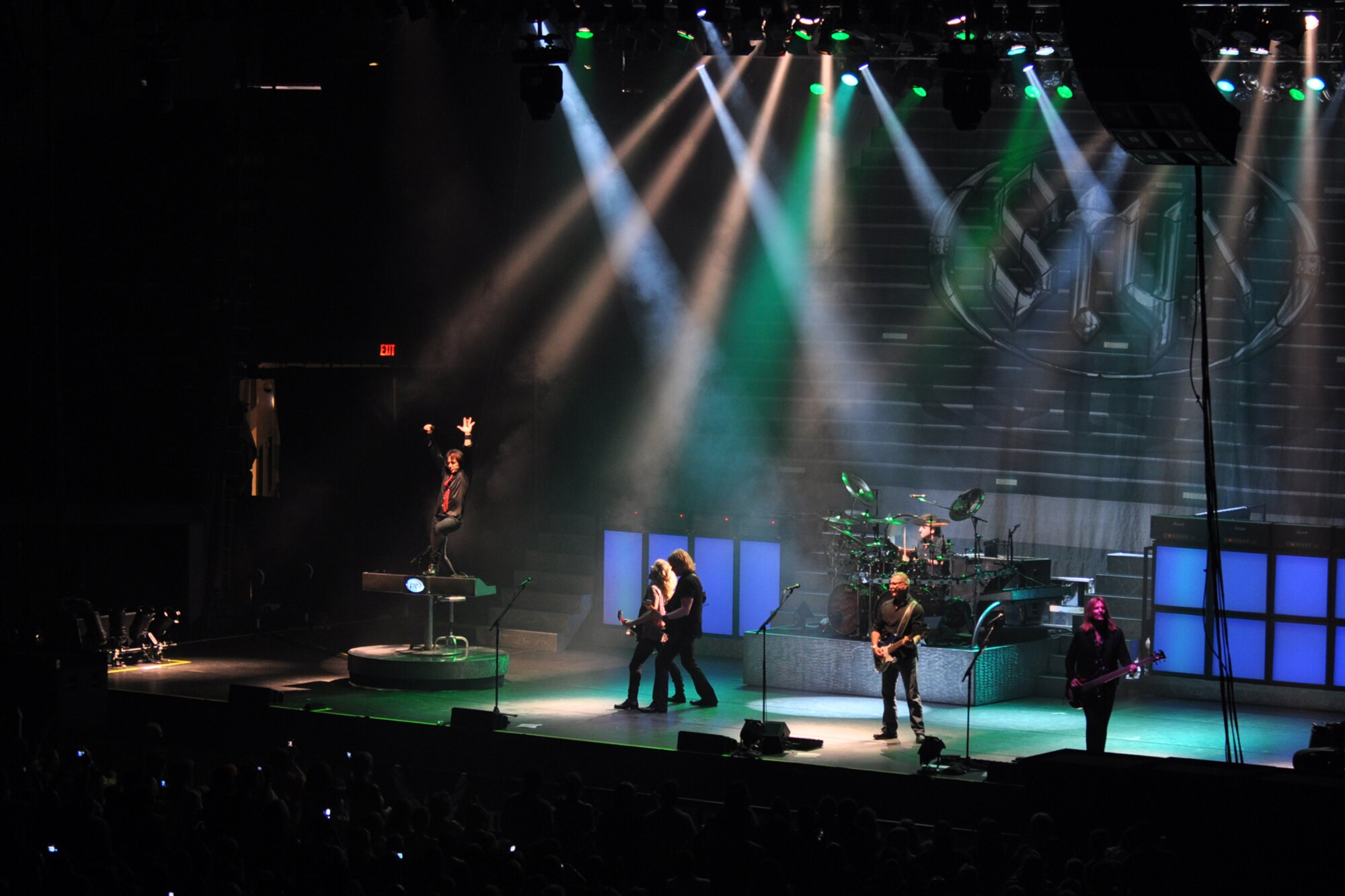 Members of the legendary rock band, Styx, entertain the crowd during a concert at the CenturyTel Arena, Bossier City, La., July 4, 2010. To celebrate Independence Day and honor the men and women serving our nation at home and overseas, the Air Force Reserve Command sponsored a free concert for any member of the Armed Forces and their immediate families. Best known for their chart topping power ballads such as "Renegade," "Blue Collar Man," and "Too Much Time on My Hands," Styx has performed to sold out audiences around the world. Former U.S. Air Force Sergeant Billy Bretherton, star of the hit television show “Billy the Exterminator,” emceed the event. (U.S. Air Force photo/Tech. Sgt. Jeff Walston)