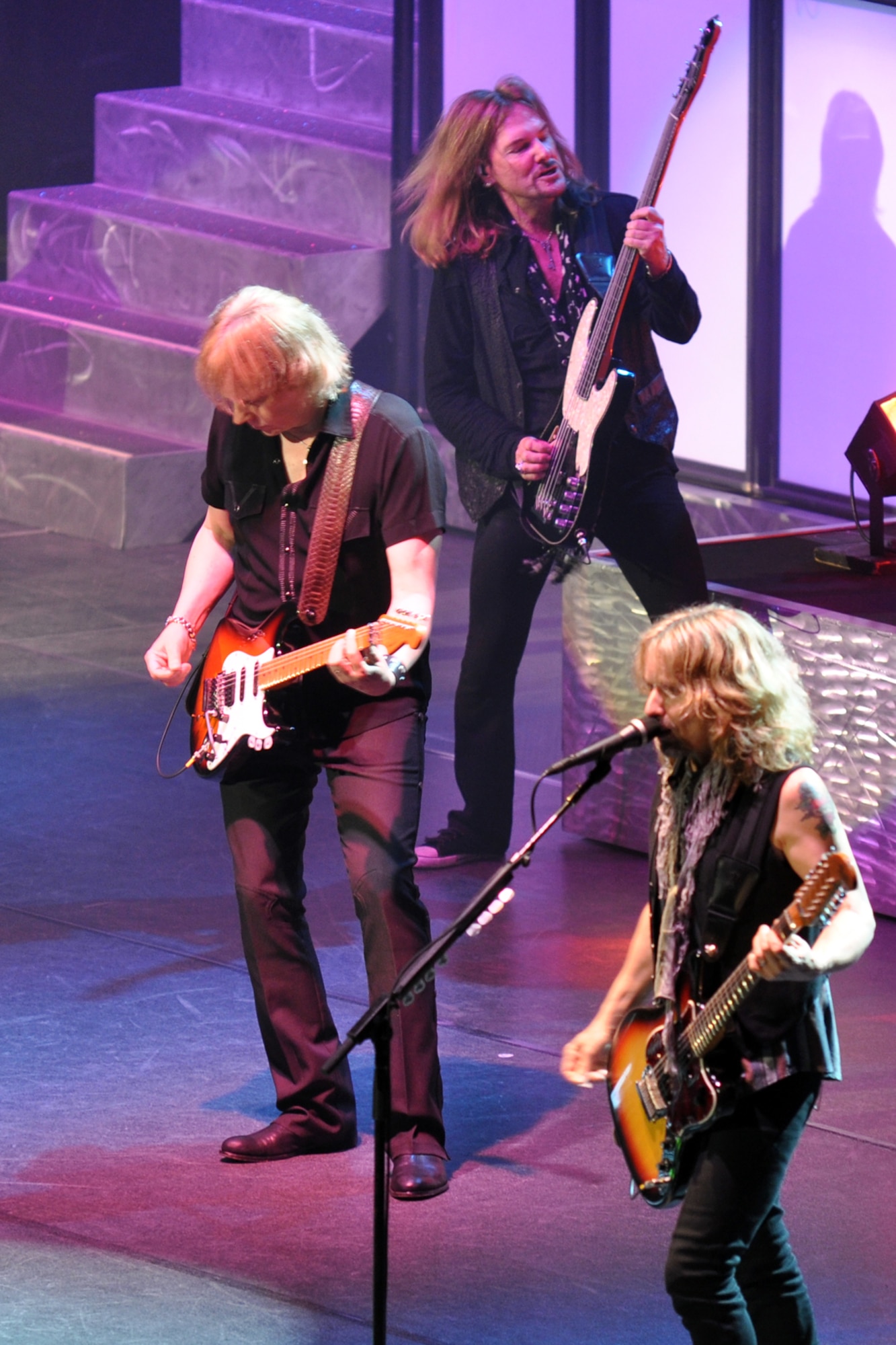 James Young, Ricky Phillips and Tommy Shaw, of the legendary rock band, Styx, entertain the crowd during a concert at the CenturyTel Arena, Bossier City, La., July 4, 2010. To celebrate Independence Day and honor the men and women serving our nation at home and overseas, the Air Force Reserve Command sponsored a free concert for any member of the Armed Forces and their immediate families. Best known for their chart topping power ballads such as "Renegade," "Blue Collar Man," and "Too Much Time on My Hands," Styx has performed to sold out audiences around the world. Former U.S. Air Force Sergeant Billy Bretherton, star of the hit television show “Billy the Exterminator,” emceed the event. (U.S. Air Force photo/Tech. Sgt. Jeff Walston)