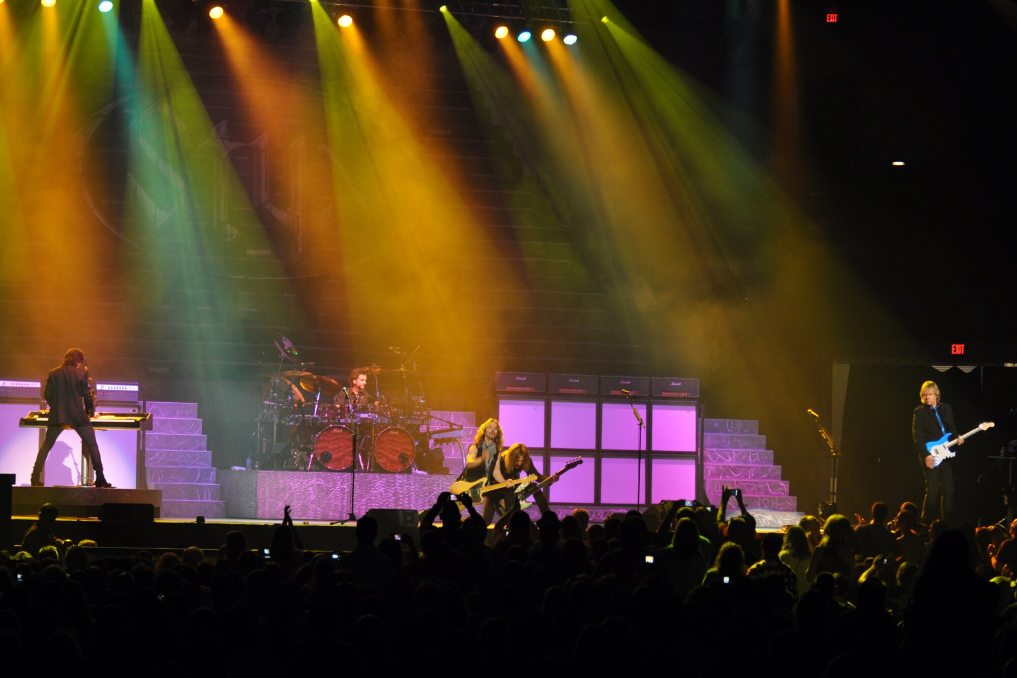 Members of the legendary rock band, Styx, entertain the crowd during a concert at the CenturyTel Arena, Bossier City, La., July 4, 2010. To celebrate Independence Day and honor the men and women serving our nation at home and overseas, the Air Force Reserve Command sponsored a free concert for any member of the Armed Forces and their immediate families. Best known for their chart topping power ballads such as "Renegade," "Blue Collar Man," and "Too Much Time on My Hands," Styx has performed to sold out audiences around the world. Former U.S. Air Force Sergeant Billy Bretherton, star of the hit television show “Billy the Exterminator,” emceed the event. (U.S. Air Force photo/Tech. Sgt. Jeff Walston)
