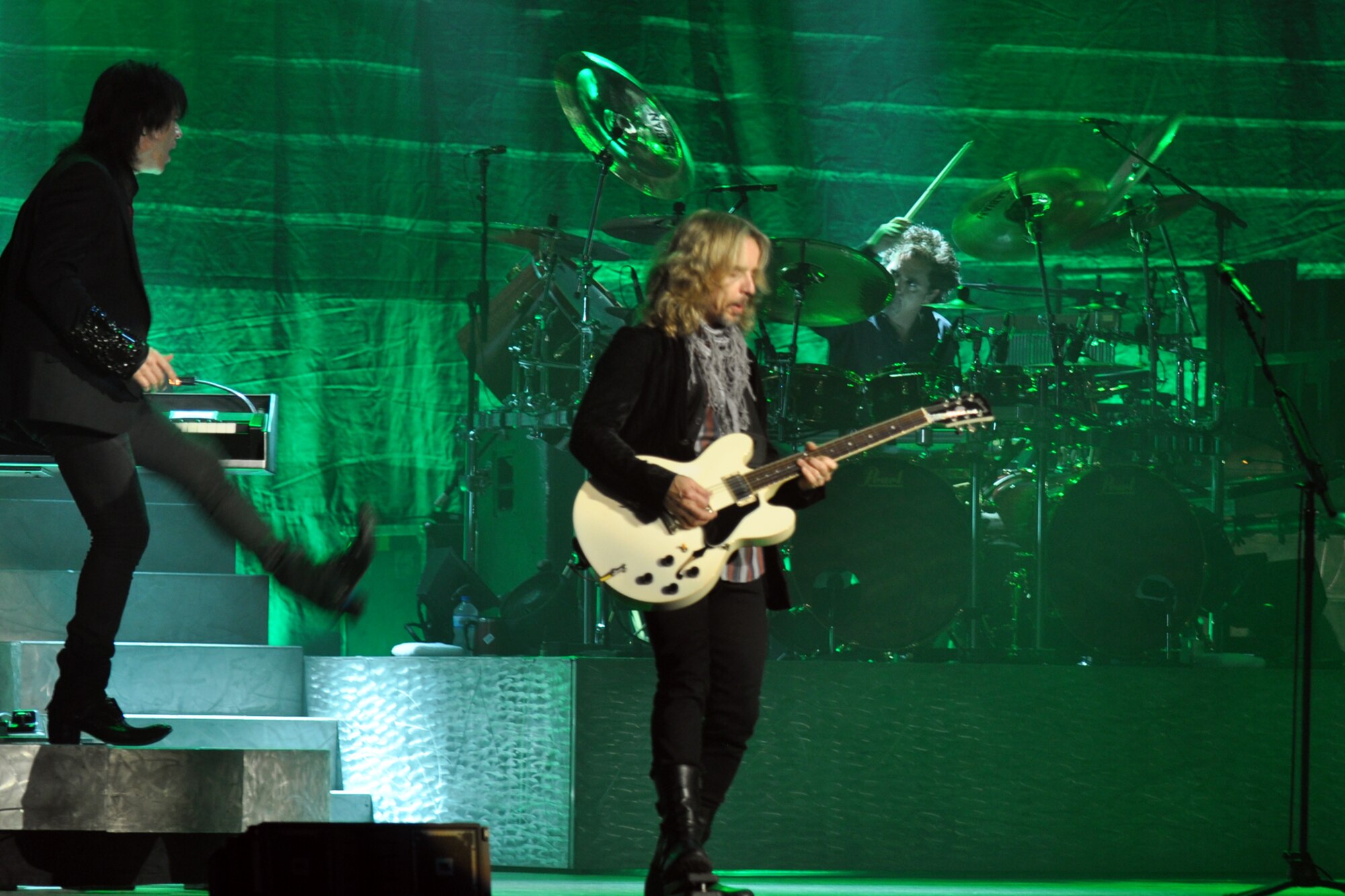 Lawrence Gowan, Ricky Phillips and drummer Todd Sucherman, all members of the legendary rock band, Styx, entertain the crowd during a concert at the CenturyTel Arena, Bossier City, La., July 4, 2010. To celebrate Independence Day and honor the men and women serving our nation at home and overseas, the Air Force Reserve Command sponsored a free concert for any member of the Armed Forces and their immediate families. Best known for their chart topping power ballads such as "Renegade," "Blue Collar Man," and "Too Much Time on My Hands," Styx has performed to sold out audiences around the world. Former U.S. Air Force Sergeant 
