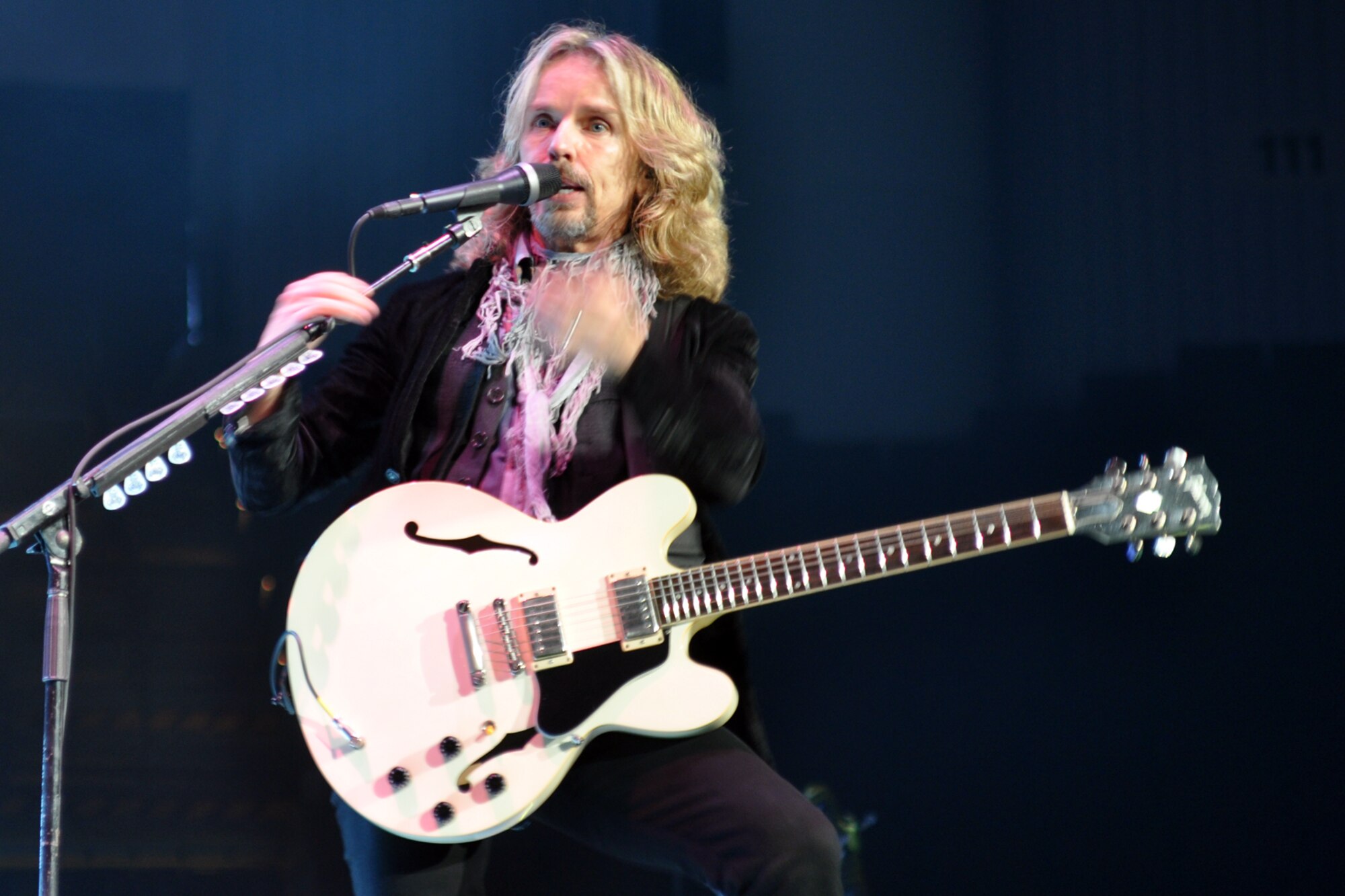 Tommy Shaw, with the legendary rock band, Styx, entertains the crowd during a concert at the CenturyTel Arena, Bossier City, La., July 4, 2010. To celebrate Independence Day and honor the men and women serving our nation at home and overseas, the Air Force Reserve Command sponsored a free concert for any member of the Armed Forces and their immediate families. Best known for their chart topping power ballads such as "Renegade," "Blue Collar Man," and "Too Much Time on My Hands," Styx has performed to sold out audiences around the world. Former U.S. Air Force Sergeant Billy Bretherton, star of the hit television show “Billy the Exterminator,” emceed the event. (U.S. Air Force photo/Senior Airman Crystal Jordan)
