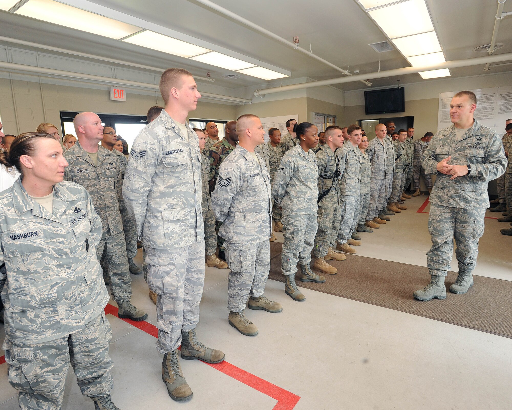 Chief Master Sgt. of the Air Force James A. Roy visits with the 319th Security Forces Squadron during a base visit July 14 to 16. Chief Roy met with Airmen from the 319th Air Refueling Wing and toured base facilities, which allowed him to witness first-hand how Grand Forks Air Force Base is preparing for the transition to a new mission.(U.S. Air Force photo by Tech. Sgt. Johnny Saldivar)