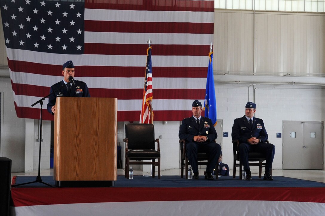 LANGLEY AIR FORCE BASE, Va -- Col. Matt Molloy, 1st Fighter Wing commander, gives an opening speech during the 1st Operations Group change of command ceremony  July 15. Col. Richard H. Boutwell assumed command of the 1st OG from Col. Dirk D. Smith. (U.S. Air Force photo/Staff Sgt. Ashley Hawkins)(RELEASED)
