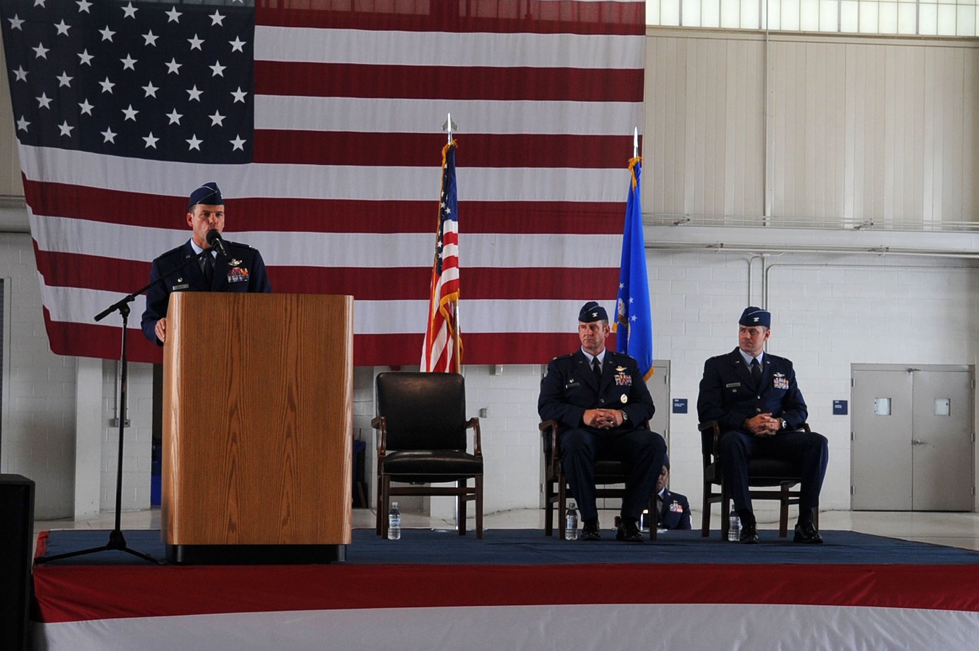 LANGLEY AIR FORCE BASE, Va -- Col. Matt Molloy, 1st Fighter Wing commander, gives an opening speech during the 1st Operations Group change of command ceremony  July 15. Col. Richard H. Boutwell assumed command of the 1st OG from Col. Dirk D. Smith. (U.S. Air Force photo/Staff Sgt. Ashley Hawkins)(RELEASED)