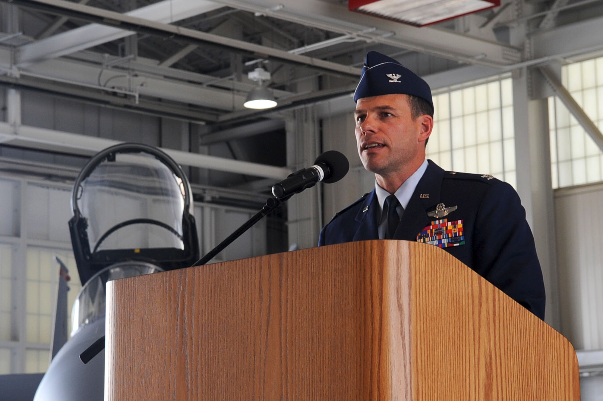 LANGLEY AIR FORCE BASE, Va -- Col. Matt Molloy, 1st Fighter Wing commander, gives an opening speech during the 1st Operations Group change of command ceremony  July 15. Col. Richard H. Boutwell assumed command of the 1st OG from Col. Dirk D. Smith. (U.S. Air Force photo/Staff Sgt. Ashley Hawkins)(RELEASED)