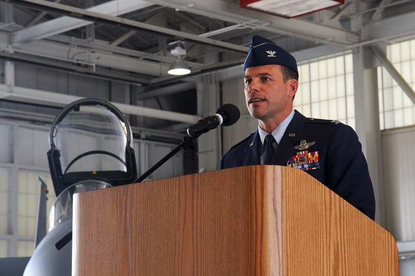 LANGLEY AIR FORCE BASE, Va -- Col. Matt Molloy, 1st Fighter Wing commander, gives an opening speech during the 1st Operations Group change of command ceremony  July 15. Col. Richard H. Boutwell assumed command of the 1st OG from Col. Dirk D. Smith. (U.S. Air Force photo/Staff Sgt. Ashley Hawkins)(RELEASED)