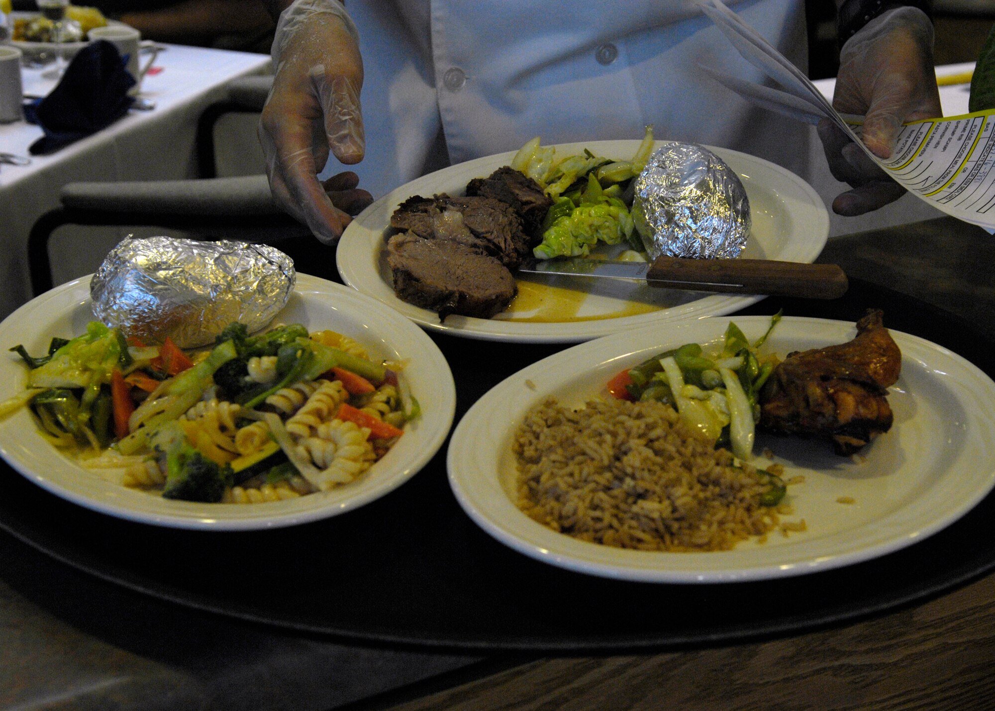 VANDENBER AIR FORCE BASE, Calif. – Vegetable pasta, steak, and baked chicken were among the entrees available at a quarterly birthday celebration at Breakers Dining Facility here Wednesday, July 14, 2010. Members took advantage of the services provided by the base.  (U.S. Air Force photo/Airman 1st Class Lael Huss)