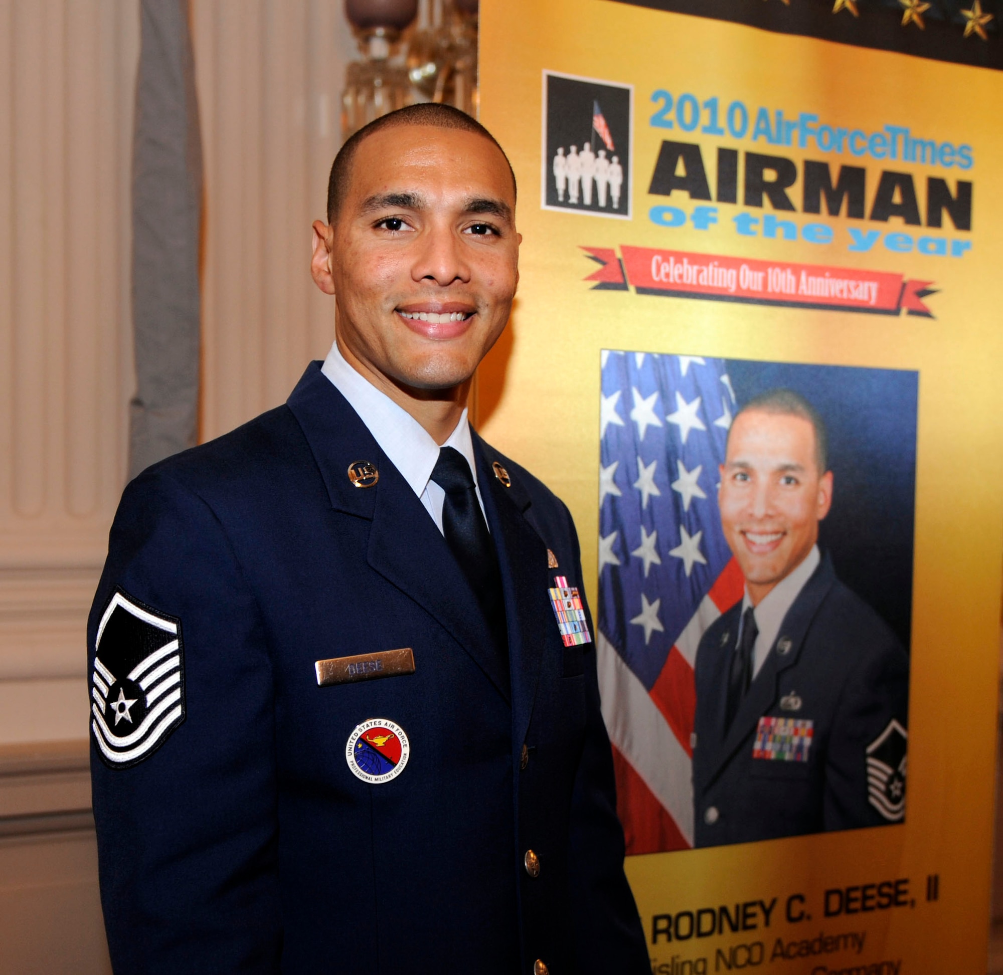 Master Sgt. Rodney C. Deese II, assigned to the Kisling NCO Academy at Ramstein Air Base, Germany, is the 2010 Air Force Times Airman of the Year.  He received the award July 14, 2020, at the Military Times Service Member of the Year Awards ceremony at the Cannon House Office Building in Washington D.C.  (U.S. Air Force photo/Andy Morataya)