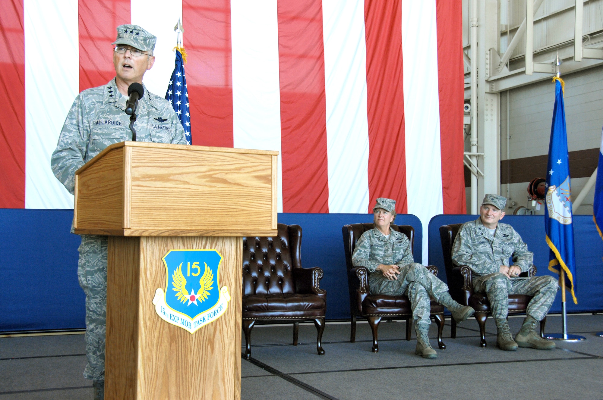 Lt. Gen.l Robert R. Allardice, 18th Air Force commander addresses the Travis community gathered for 15th Expeditionary Mobility Task Force change of command ceremony July 15th.  (U.S. Air Force photo by Civ/Nan Wylie)