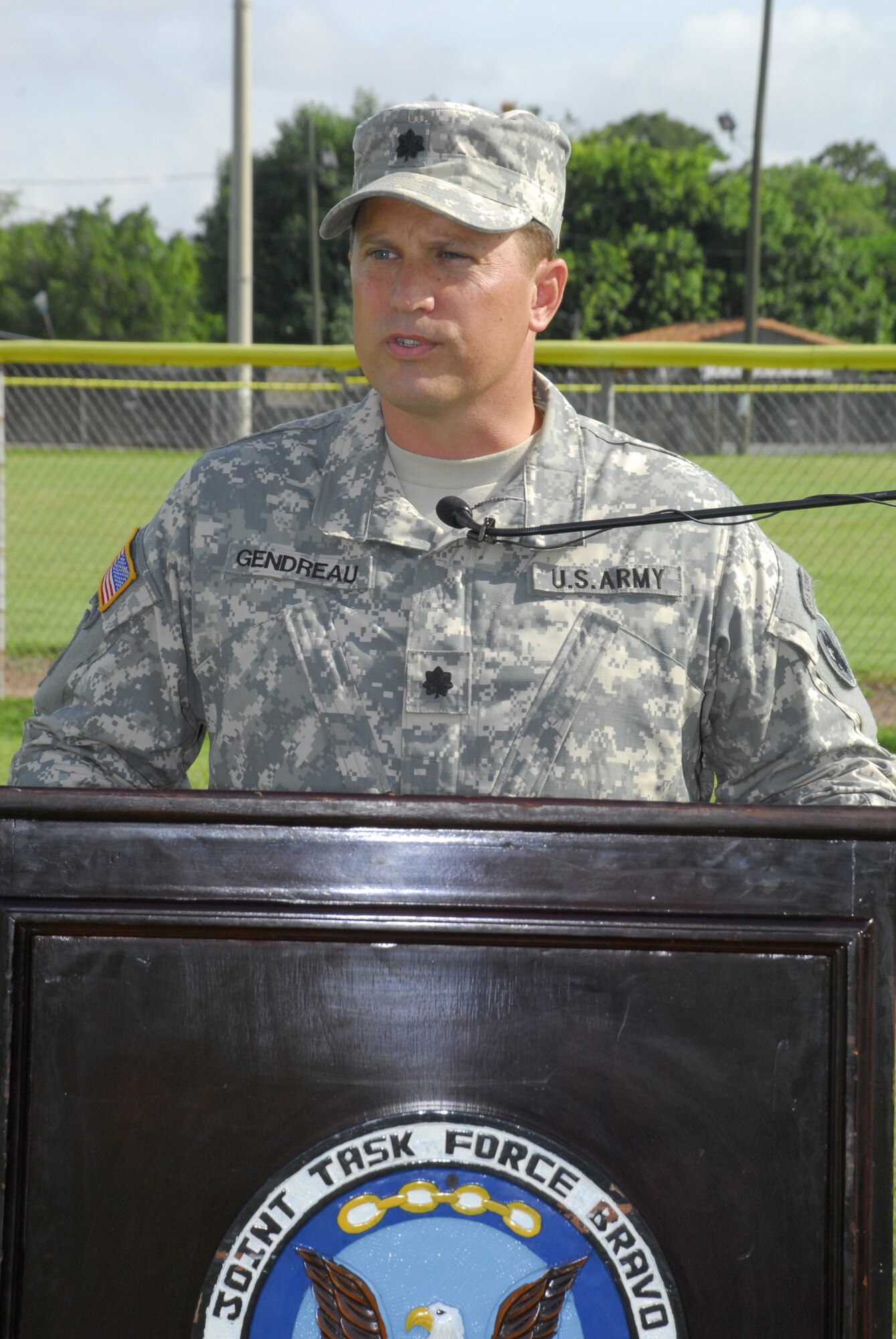 SOTO CANO AIR BASE, Honduras --  Lt. Col. Craig Gendreau, the new Army Forces commander here, talks a little bit about the future of ARFOR during the change of command ceremony here July 16. Colonel Gendreau was enlisted in the Army Reserve as a combat engineer until he was commissioned as a second lieutenant of infantry in 1993. (U.S. Air Force photo/Martin Chahin)