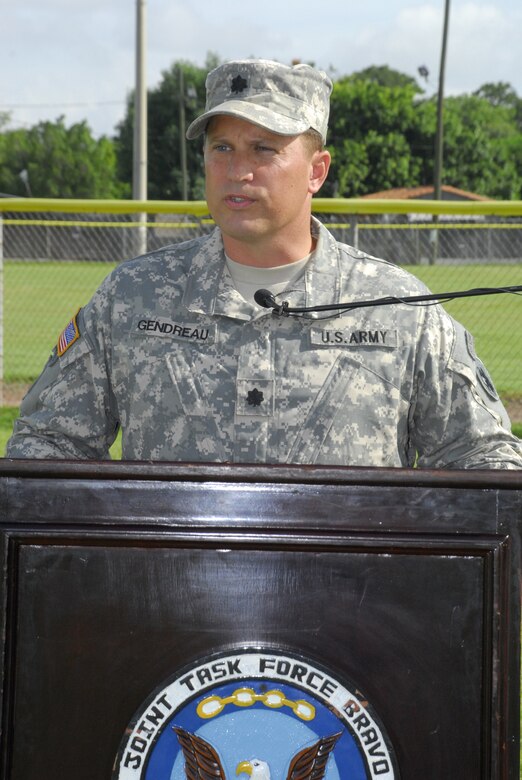 SOTO CANO AIR BASE, Honduras --  Lt. Col. Craig Gendreau, the new Army Forces commander here, talks a little bit about the future of ARFOR during the change of command ceremony here July 16. Colonel Gendreau was enlisted in the Army Reserve as a combat engineer until he was commissioned as a second lieutenant of infantry in 1993. (U.S. Air Force photo/Martin Chahin)