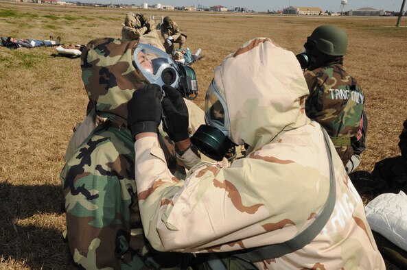 Members of the 927th Aeromedical Staging Squadron train in their chemical protective gear during an exercise at MacDill Air Force Base, Fla. March 5, 2010.  (U.S. Air Force photo by Tech. Sgt. Denise Hauser)