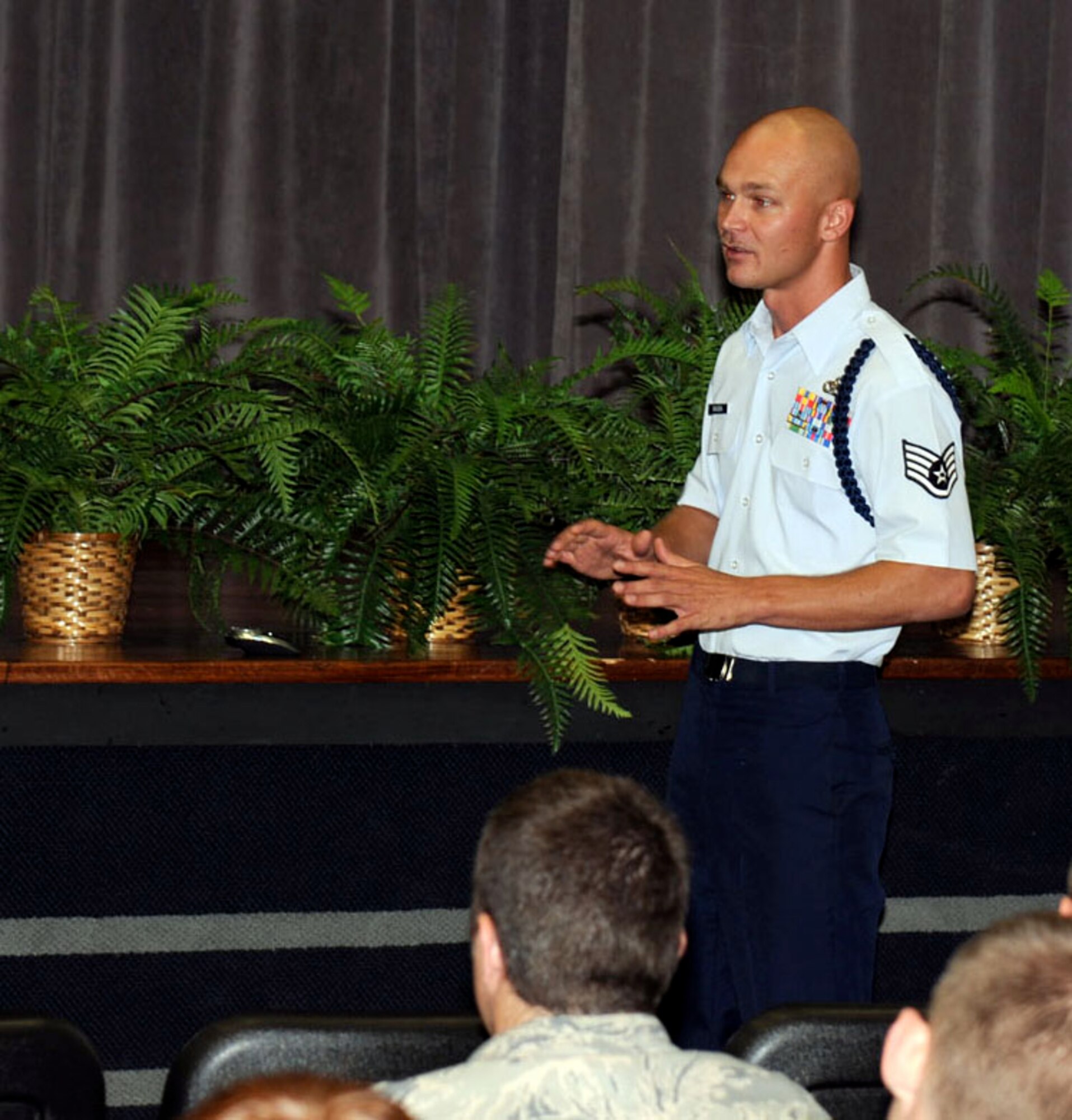 Staff Sgt. Kevin Braden, a Military Training Leader at Keesler Air Force Base, Miss., talks about applying to become an MTL on July 8 at the Kaye Auditorium. The application’s requirements include physical assessment scores, enlisted performance reports, and a behavioral analysis from an installation psychologist. (U.S. Air Force photo/Mary Crump).
