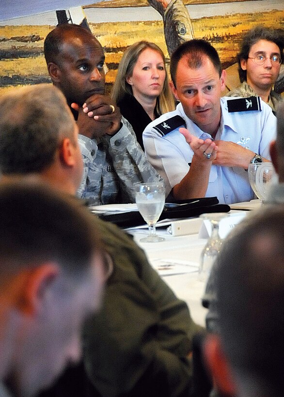 JOINT BASE ANDREWS, Md. -- Colonel Cedric George, left, 11th Wing commander, and Col. Ken Rizer, 316th Wing commander, direct questions during an initial 11 WG Mission Movement meeting held inside the Hangar One Club, at The Club at Andrews, July 9. The meeting addressed questions concerning shifting personnel, infrastructure needs and refining  mission movement vision and  goals prior to the newly organized 11 WG recognition ceremony Oct. 1. (U.S. Air Force photo by Bobby Jones)