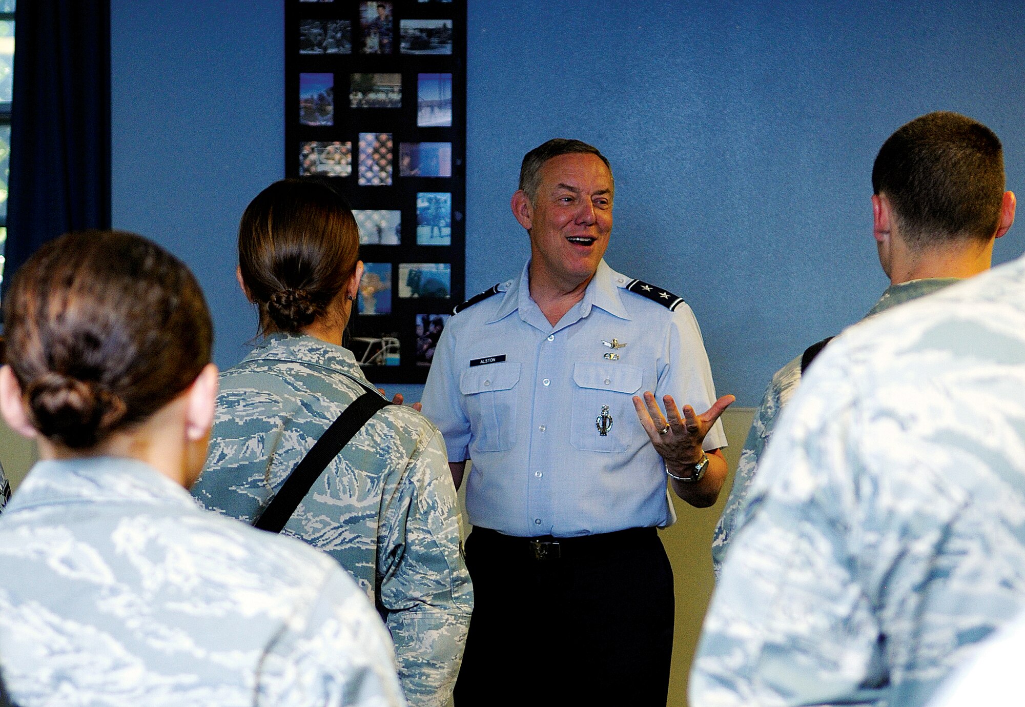 Maj. Gen. C. Donald Alston, 20th Air Force commander, speaks to security forces members of the Mighty Ninety at guard mount during his base familiarization tour Monday. (U.S. Air Force photo by Jeff Allred)