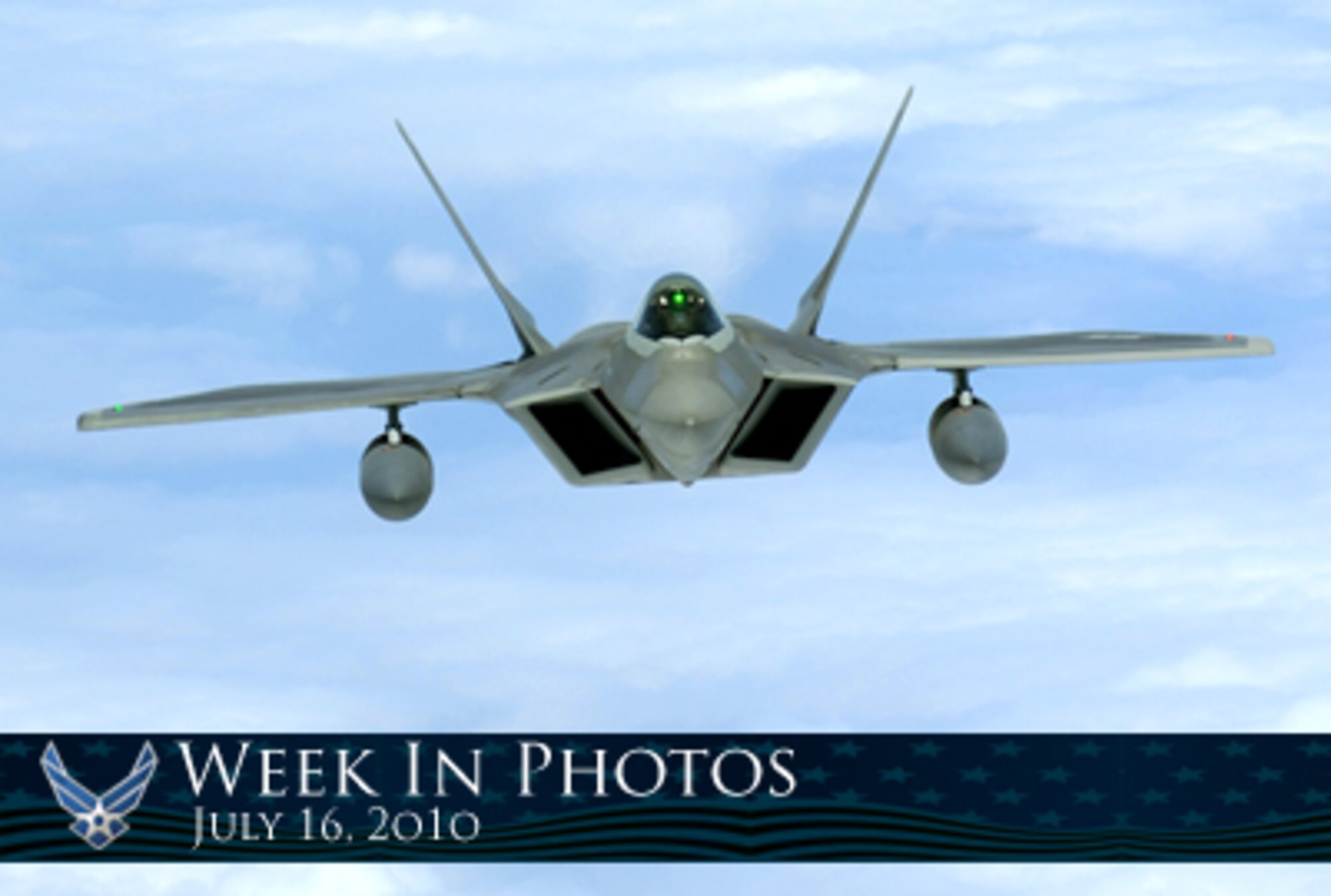 Air Force Week in Photos for July 16, 2010, highlights photos from around the Air Force. In this photo by Senior Airman Gustavo Gonzalez, an F-22 Raptor flies over the Pacific Ocean July 2, 2010, on its way to its new home at Joint Base Pearl Harbor-Hickam, Hawaii. (U. S. Air Force photo illustration/Corey Parrish)