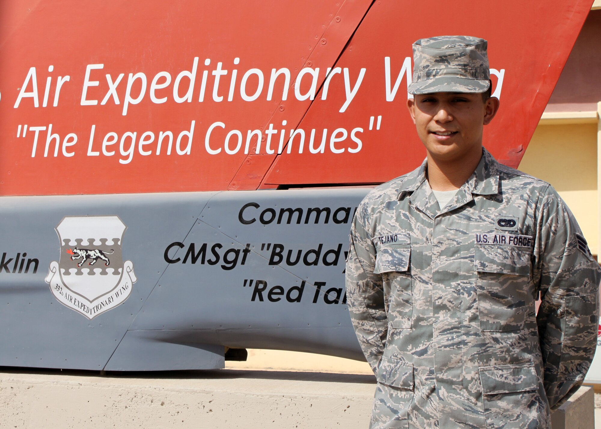 Senior Airman Paul Tejano, 332nd Expeditionary Logistics Readiness Squadron vehicle management and analysis technician, is the 332nd Air Expeditionary Wing's Tuskegee Airman of the Week for July 4-10, 2010. Airman Tejano, deployed from Altus Air Force Base, Okla., coordinated a $1.8 million, 107-vehicle lease renewal with U.S. Central Command, which in turn validated a one-year requirement, averted the loss of base transportation support, and helped the future drawdown of forces by minimizing the amount of equipment shipped to the area of responsibility.(U.S. Air Force photo/Staff Sgt. Stacy Fowler)