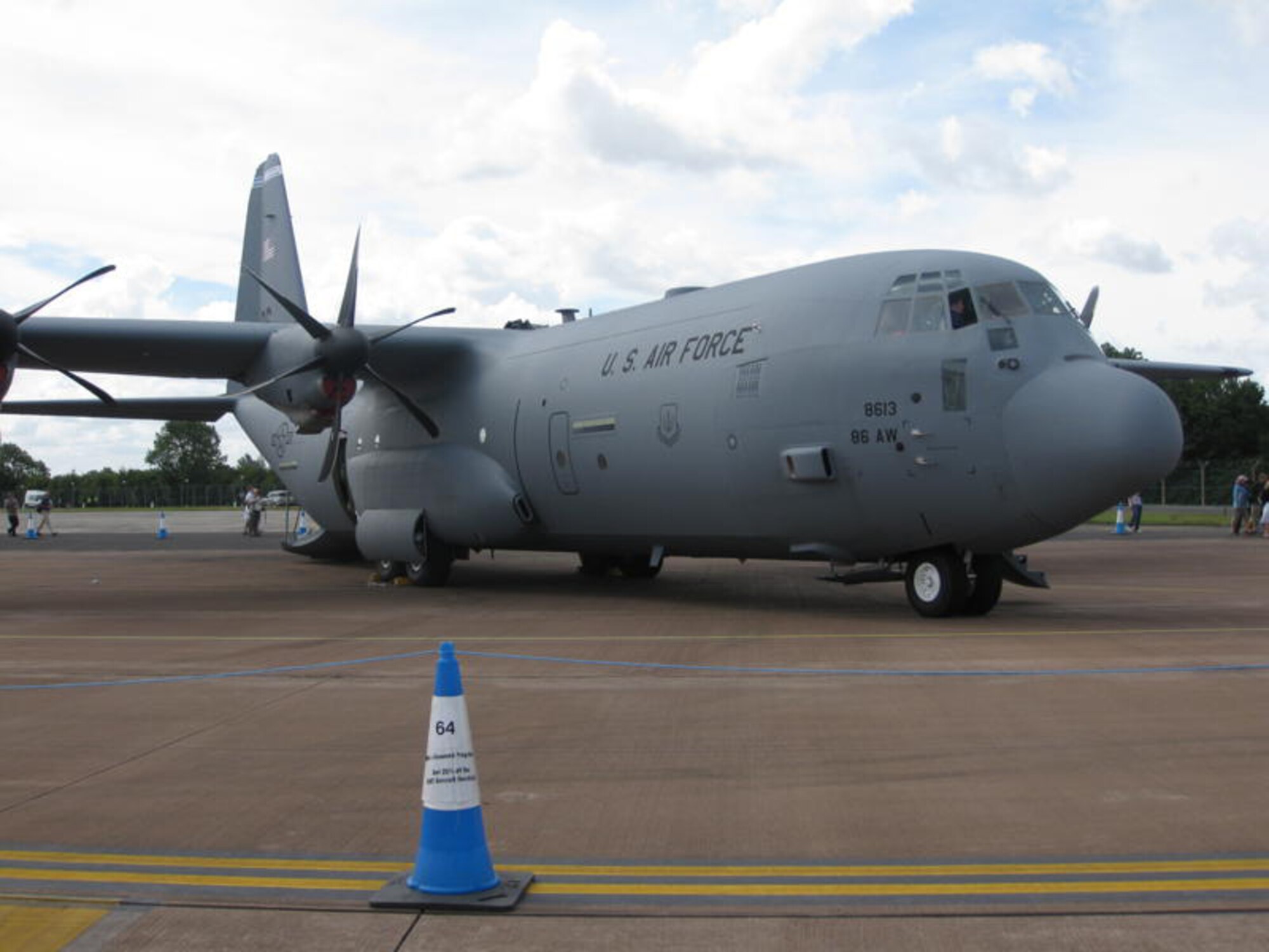 A U.S. Air Force C-130J based out of Ramstein Air Base, Germany sits on the ramp at the start of the Royal International Air Tattoo July 17, 2010, at RAF Fairford, United Kingdom. (U.S. Air Force photo/Chief Master Sgt. Greg Wade) 