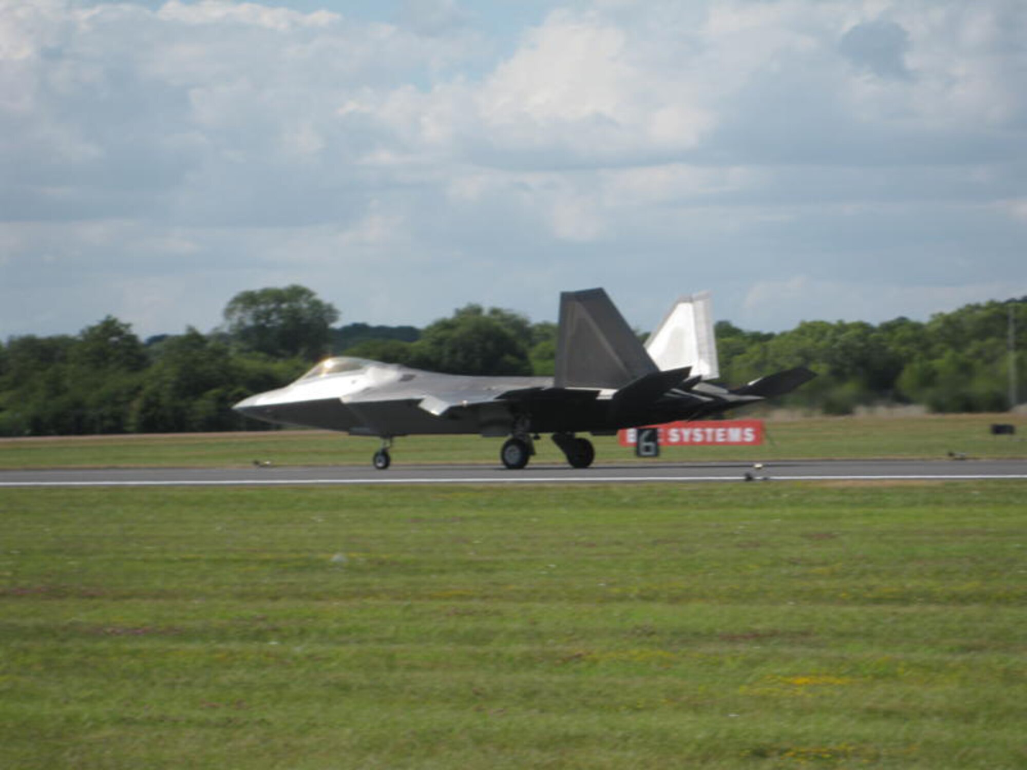 A U.S. Air Force F-22A Raptor based out of Joint Base Elmendorf-Richardson in Alaska lands after an aerial demonstration, flown by Maj. Dave Skalicky, F-22 Demonstration Team pilot, during the Royal International Air Tattoo July 17, 2010, at RAF Fairford, United Kingdom. RIAT is held annually and boast itself as "the world's largest military airshow."  (U.S. Air Force photo/Chief Master Sgt. Greg Wade) 