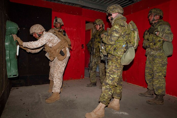 Sgts. Bruce Schweitzer and Juan Vasquez, squad leaders with Company F, 2nd Battalion, 3rd Marine Regiment, evaluate the shot groups of Canadian soldiers with Company G, 2nd Battalion, Royal Canadian Regiment, Canadian Army, following a live fire shoot house exercise at Range 8C on Pohakuloa Training Area, Hawaii, July 18. The shoot house was one of four ranges 2/3 Marines and coalition forces executed as part of interoperability training during the biannual, multi-national Exercise Rim of the Pacific 2010. (U.S. Marine Corps photo by Lance Cpl. Reece E. Lodder / RELEASED)