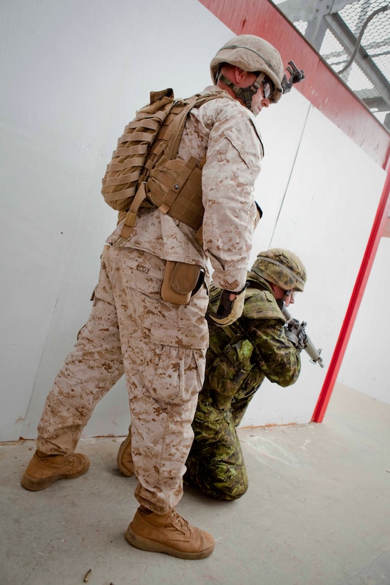 Lance Cpl. Brent Ludy, an assistant patrol leader with Company F, 2nd Battalion, 3rd Marine Regiment, watches over a Canadian soldier with Company G, 2nd Battalion, Royal Canadian Regiment, Canadian Army, during a live fire shoot house exercise at Range 8C on Pohakuloa Training Area, Hawaii, July 18. The shoot house was one of four ranges 2/3 Marines and coalition forces executed as part of interoperability training during the biannual, multi-national Exercise Rim of the Pacific 2010. (U.S. Marine Corps photo by Lance Cpl. Reece E. Lodder / RELEASED)