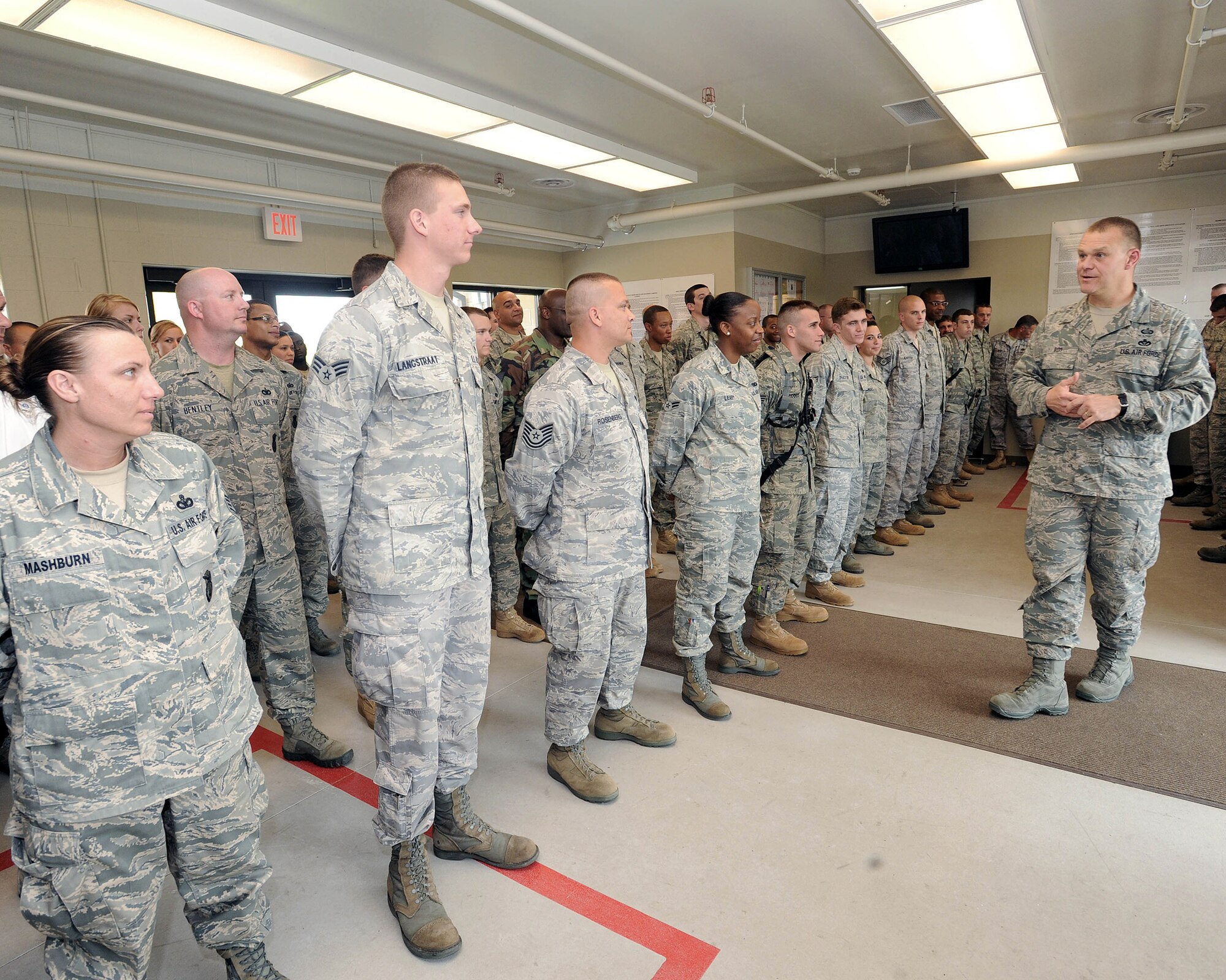 Chief Master Sgt. of the Air Force James A. Roy visits with the 319th Security Forces Squadron July 15, 2010 at Grand Forks Air Force Base, N.D. (U.S. Air Force photo/Tech. Sgt. Johnny Saldivar)