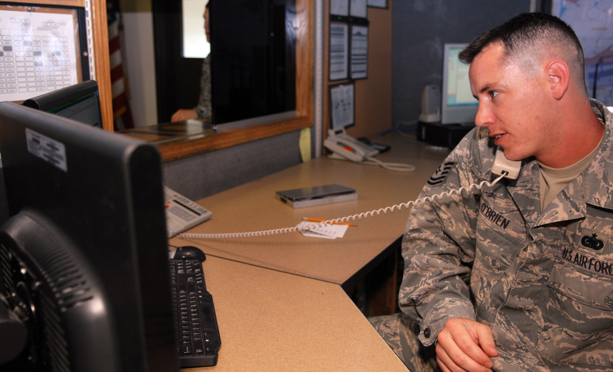 JOINT BASE ELMENDORF-RICHARDSON, Alaska -- Tech. Sgt. Dennis Obrien, 3rd Logistics Readiness Squadron, section chief fuels operations mans the fuels team's dispatch office July 8. The dispatch office is used to send fuel trucks to the desired location and monitor the level of fuel in the storage tanks. (Air Force photo by Airman 1st Class Jack Sanders)