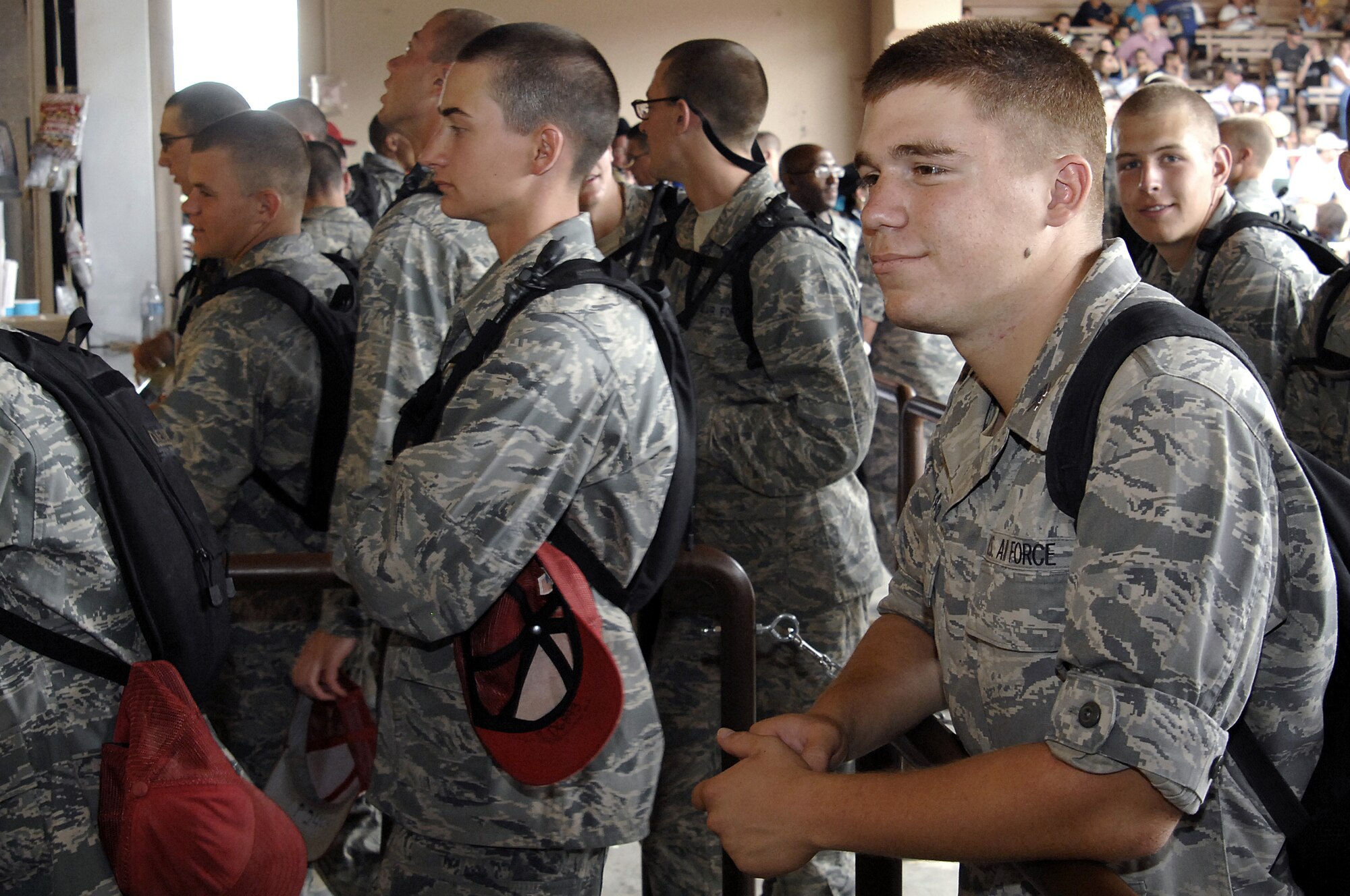 Basic cadets line up for "real food" during Air Force Academy/Family Day at the Pikes Peak or Bust Rodeo in Colorado Springs, Colo., July 17, 2010. The rodeo was the first chance for the basics, who have been in training since June 24, to enjoy some down time. (U.S. Air Force photo/Mike Kaplan)