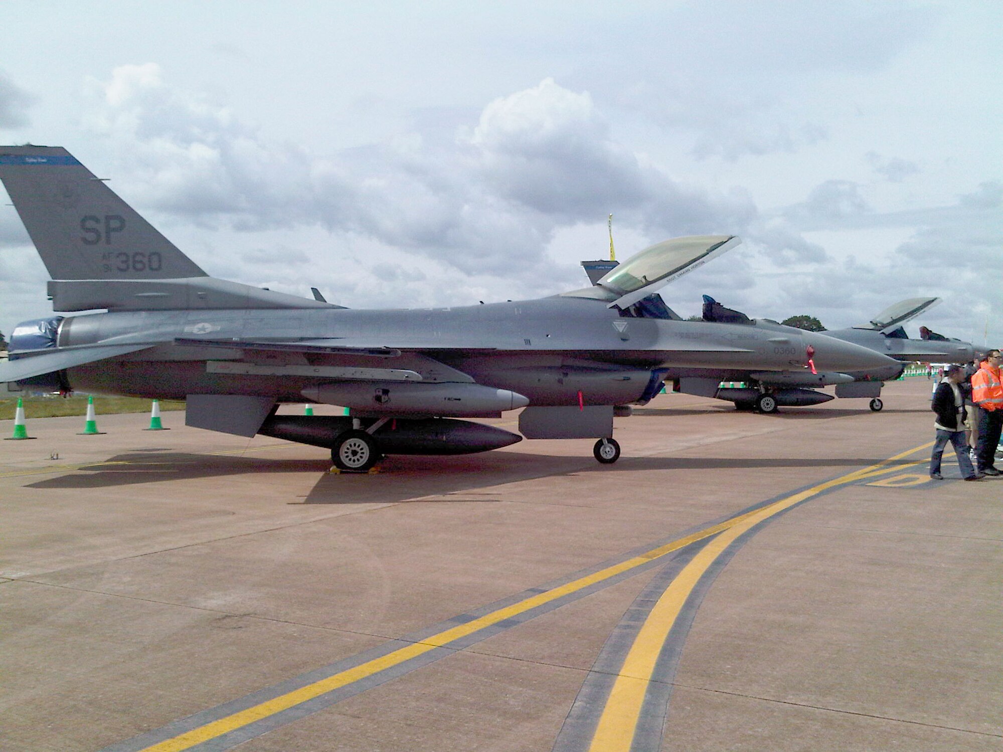 An F-16 Fighting Falcon is on display during the Royal International Air Tattoo, July 17, 2010, at Royal Air Force Fairford, England. The air show has gained the reputation as one of the country's top outdoor family events. The F-16 is based out of Spangdahlem Air Base, Germany. (U.S. Air Force photo/Chief Master Sgt. Greg Wade)