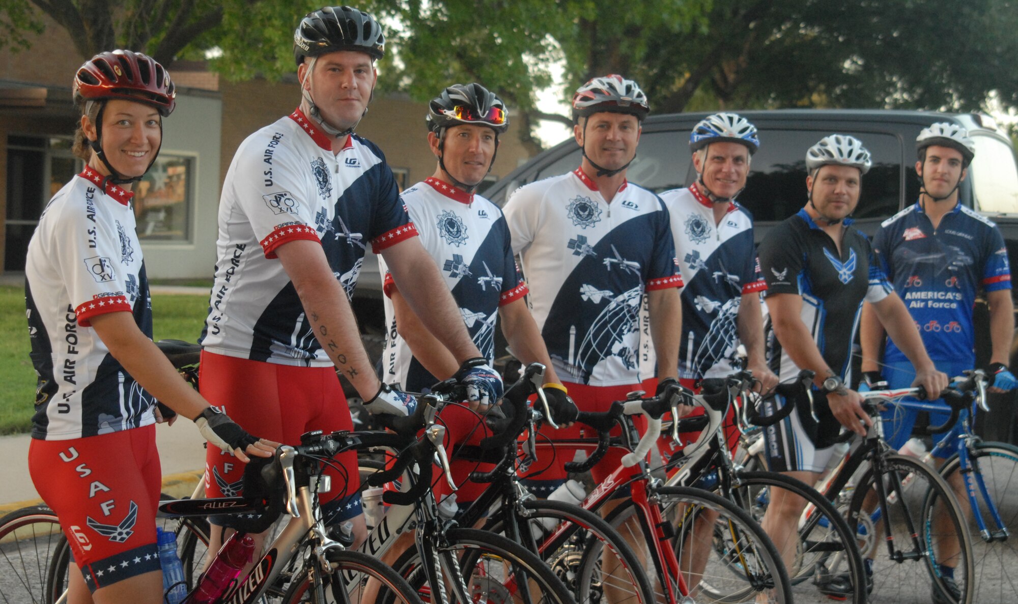 The Goodfellow Cycling Team gets ready to start their weekly group ride July 18, in preparation for the Des Moines, Iowa, "Register's Annual Great Bicycle Ride Across Iowa", to be held July 25-31. The Goodfellow team will be part of the Air Force Cycling Team, which participates every year. (U.S. Air Force photo/Airman 1st Class Anne Gathua)